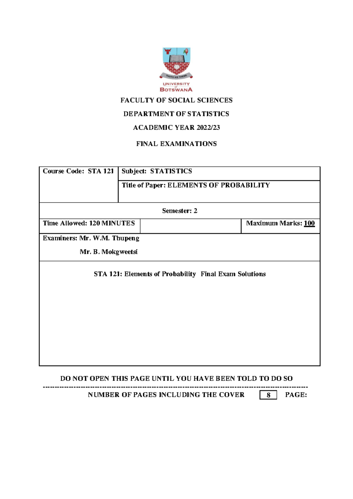 STA 121: 2023 Final Exam Solutions for Elements of Probability - Studocu