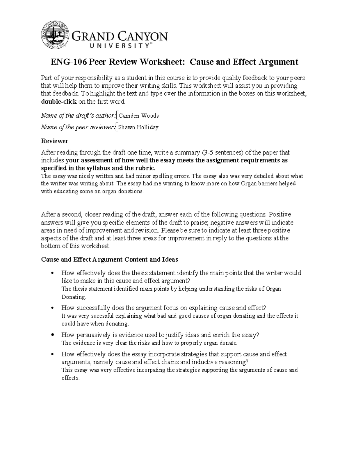 ENG106 Cause Effect Peer Review Worksheet - ENG-106 Peer Review ...