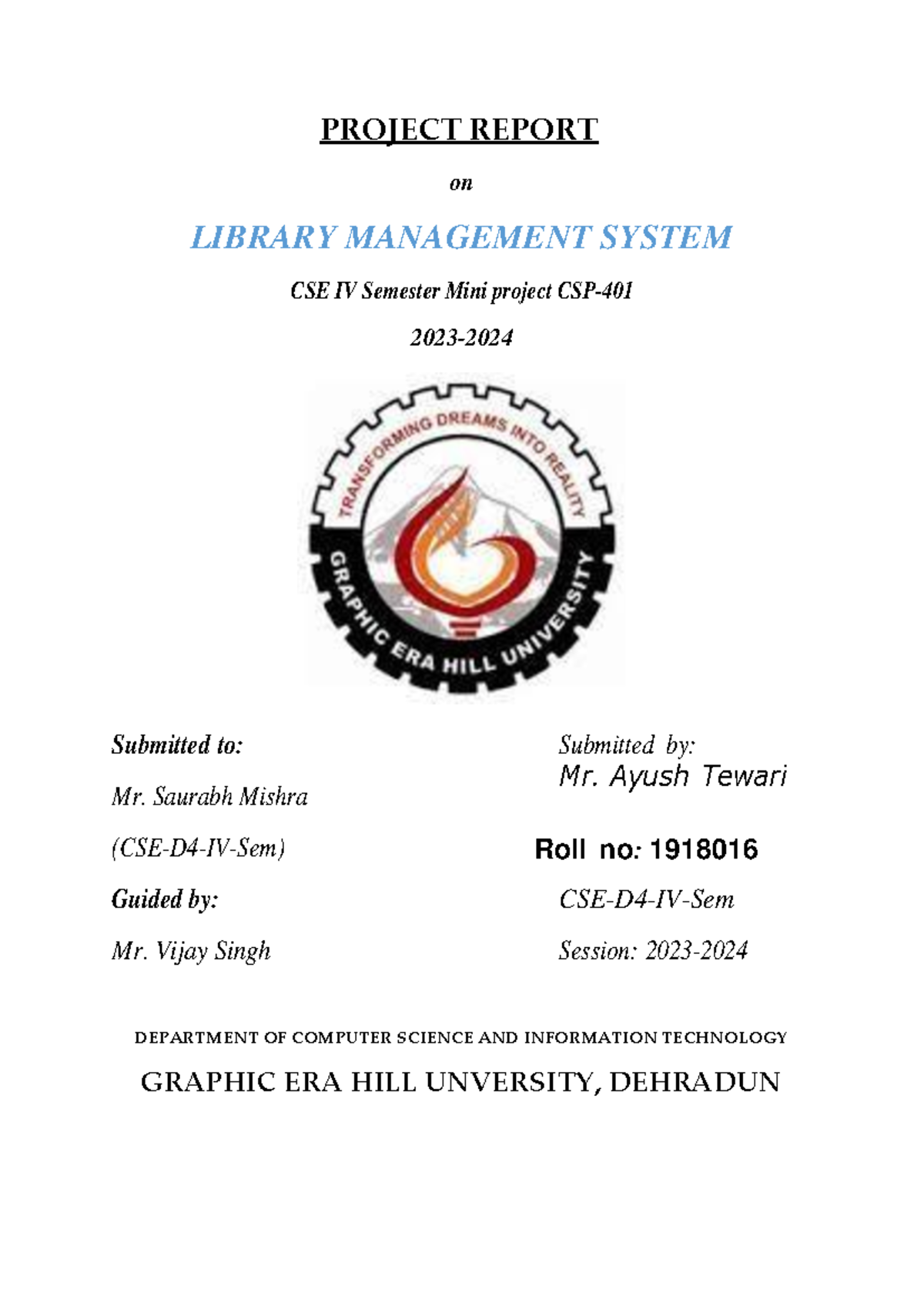 Library Management System Mini Project Report - CSP-401 - 1918016 - Studocu