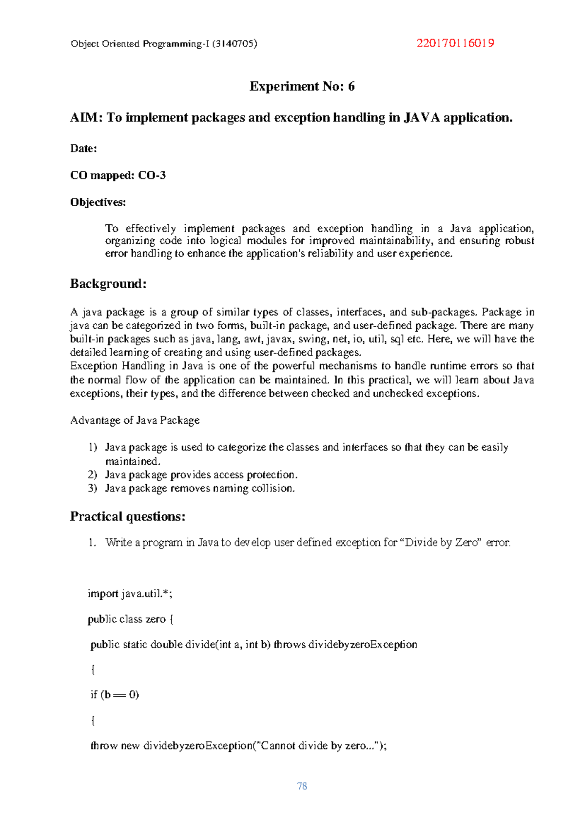 Java Packages and Exception Handling (3140705) - Experiment No. 6 - Studocu
