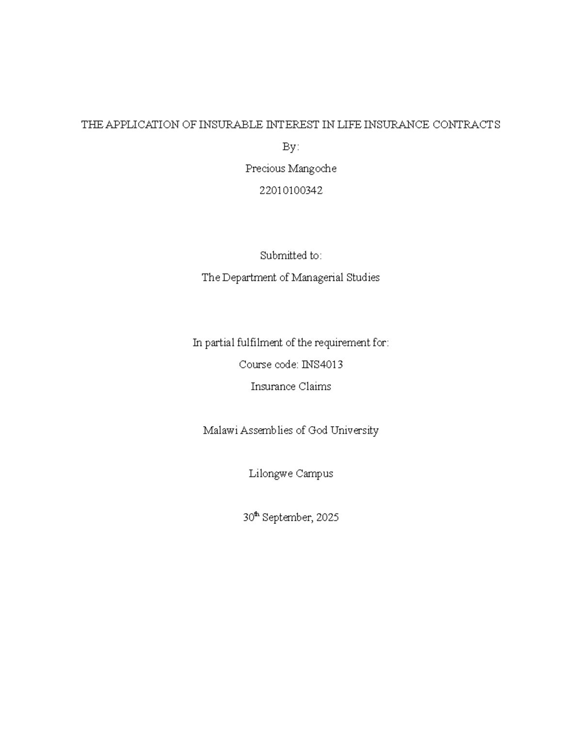 INS4013 Essay: Insurable Interest in Life Insurance Contracts - Studocu
