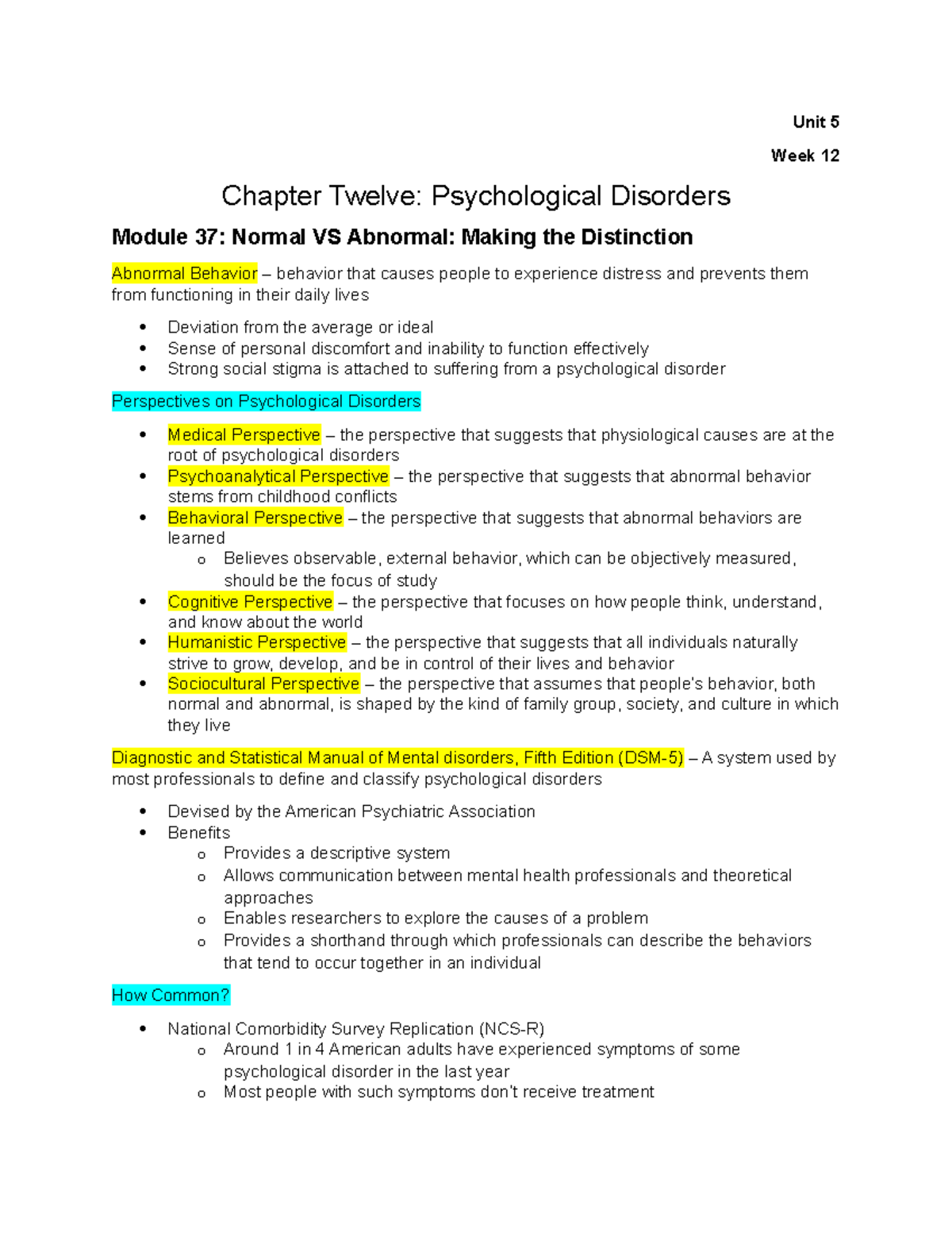 Chapter 12 Notes - Understanding Psychological Disorders (PSY 101 ...