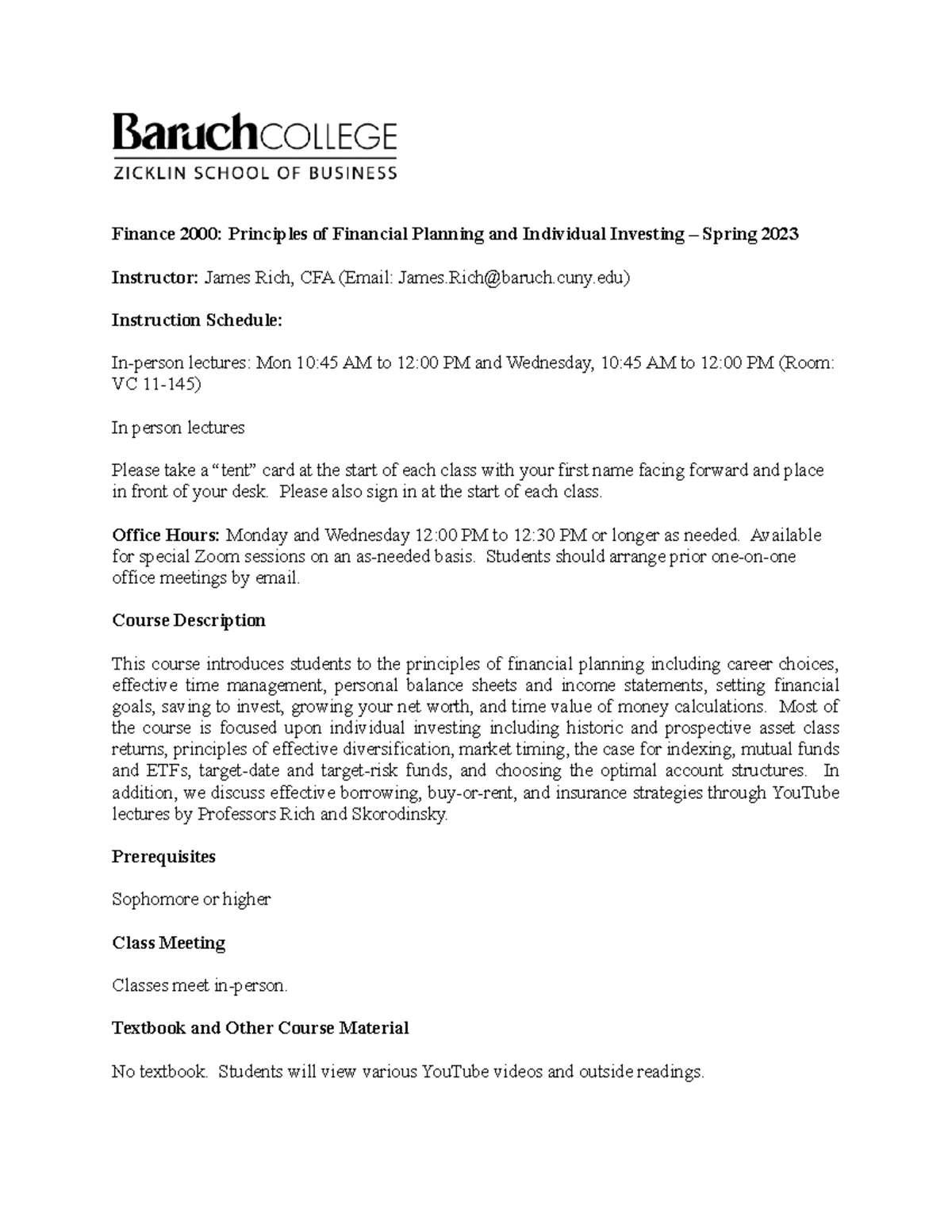 FIN 2000 Syllabus - Spring 2023 - Principles of Financial Planning ...