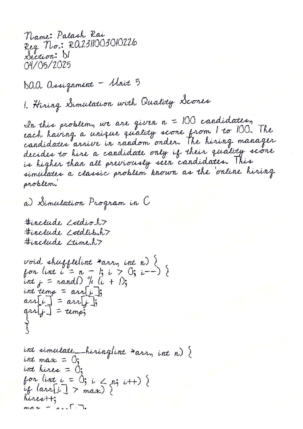 DAA UNIT 3 Assignment: Hiring Simulation & Theoretical Analysis - Studocu