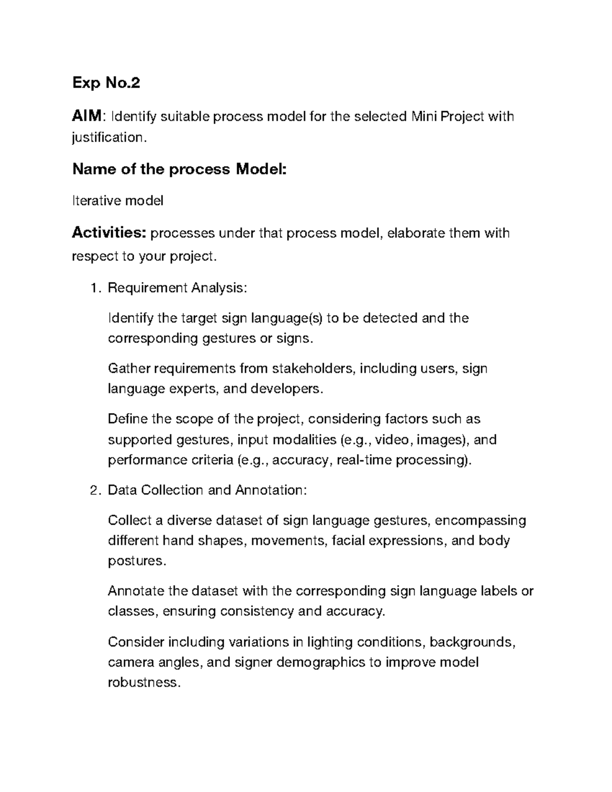 Exp No 2: Identifying Suitable Process Model for Mini Project - Studocu