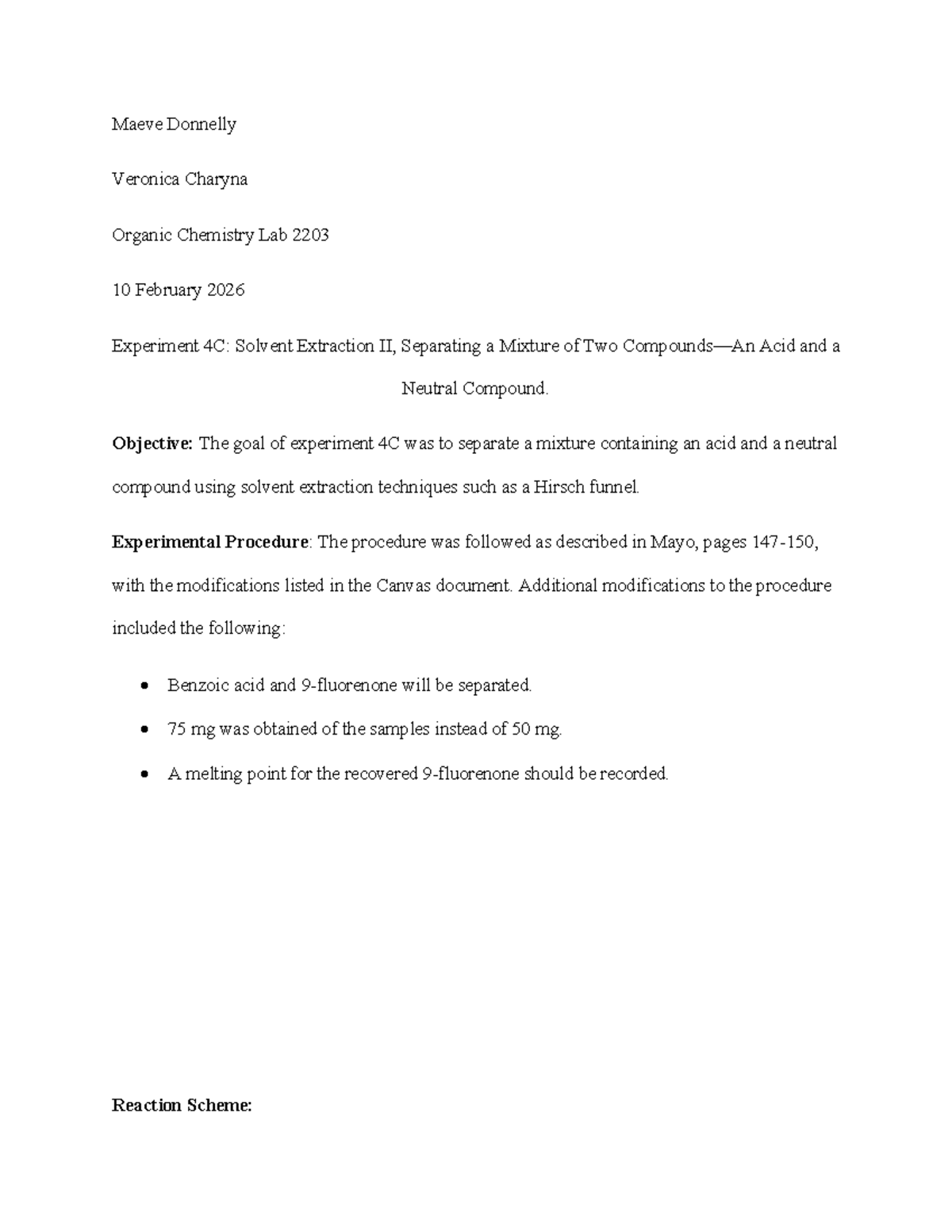 Chem 2203 Lab Report: Experiment 4C - Solvent Extraction II - Studocu