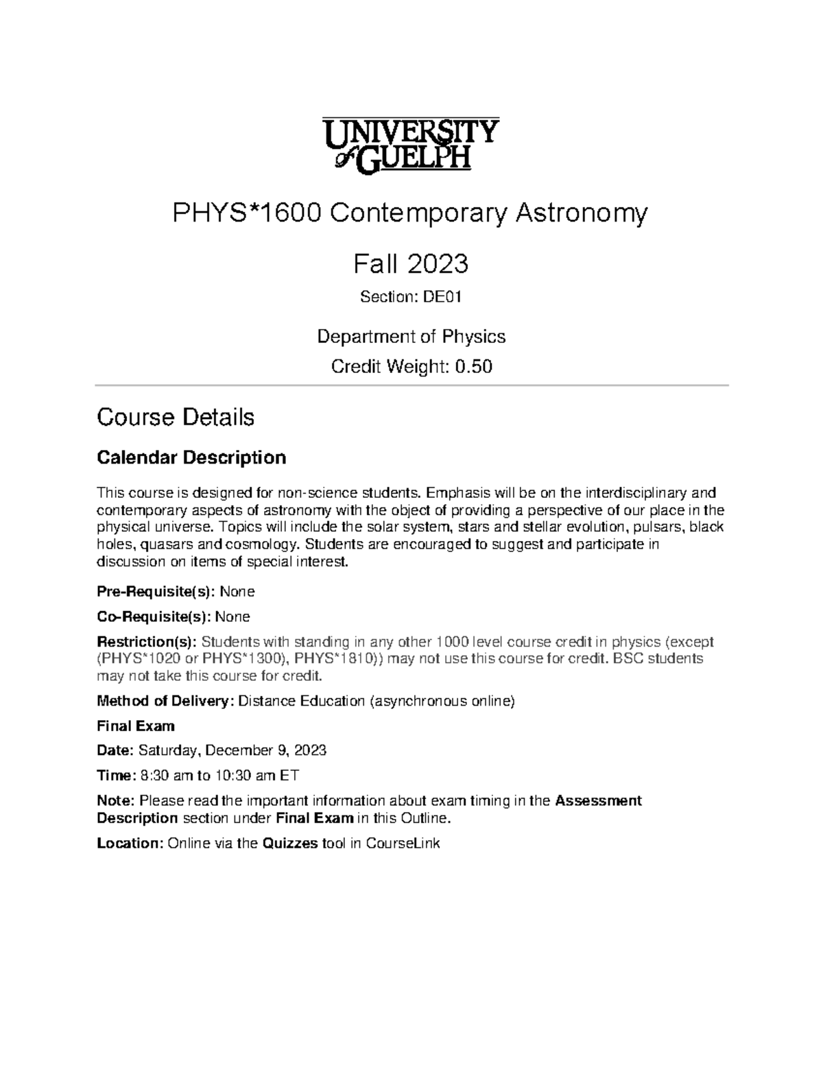 PHYS1600 DE01 F23 Final Exam Outline and Course Information - Studocu