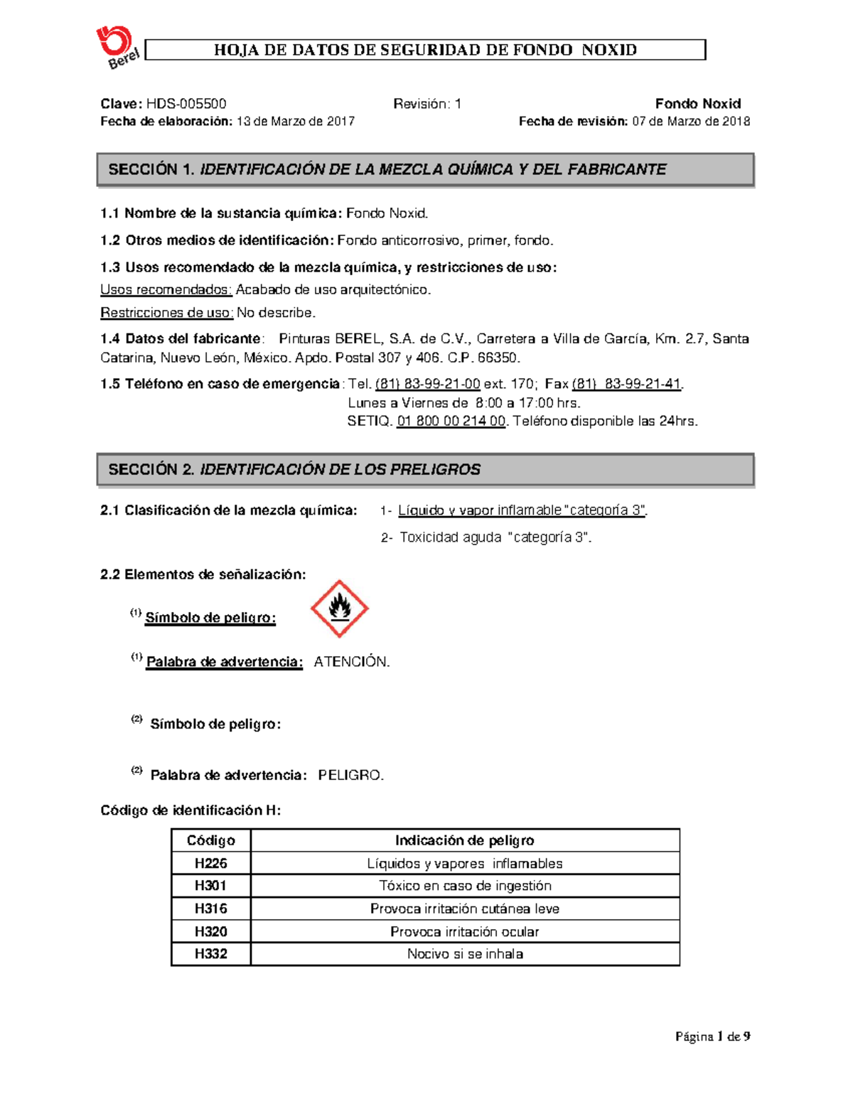 Hoja de Datos de Seguridad (HDS) del Fondo Noxid - Revisión 1 - Studocu