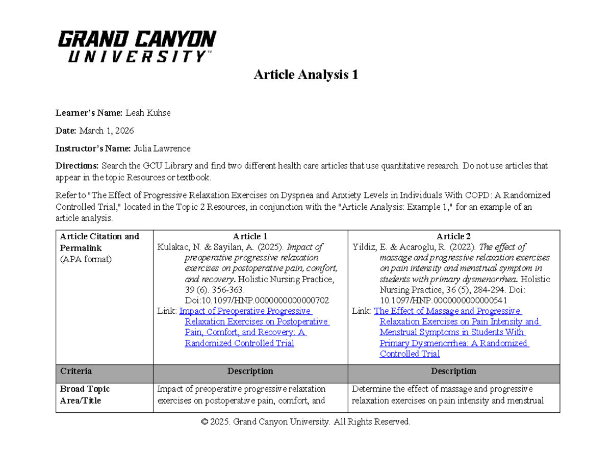 Article Analysis 1: Quantitative Research in Health Care (NUR 202 ...