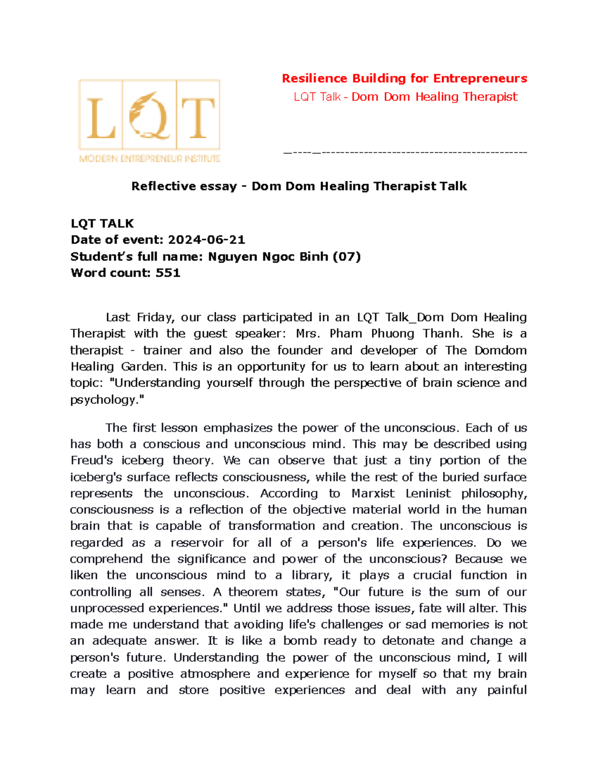 LQT Talk Reflection: Healing Insights from Dom Dom Therapist - Studocu