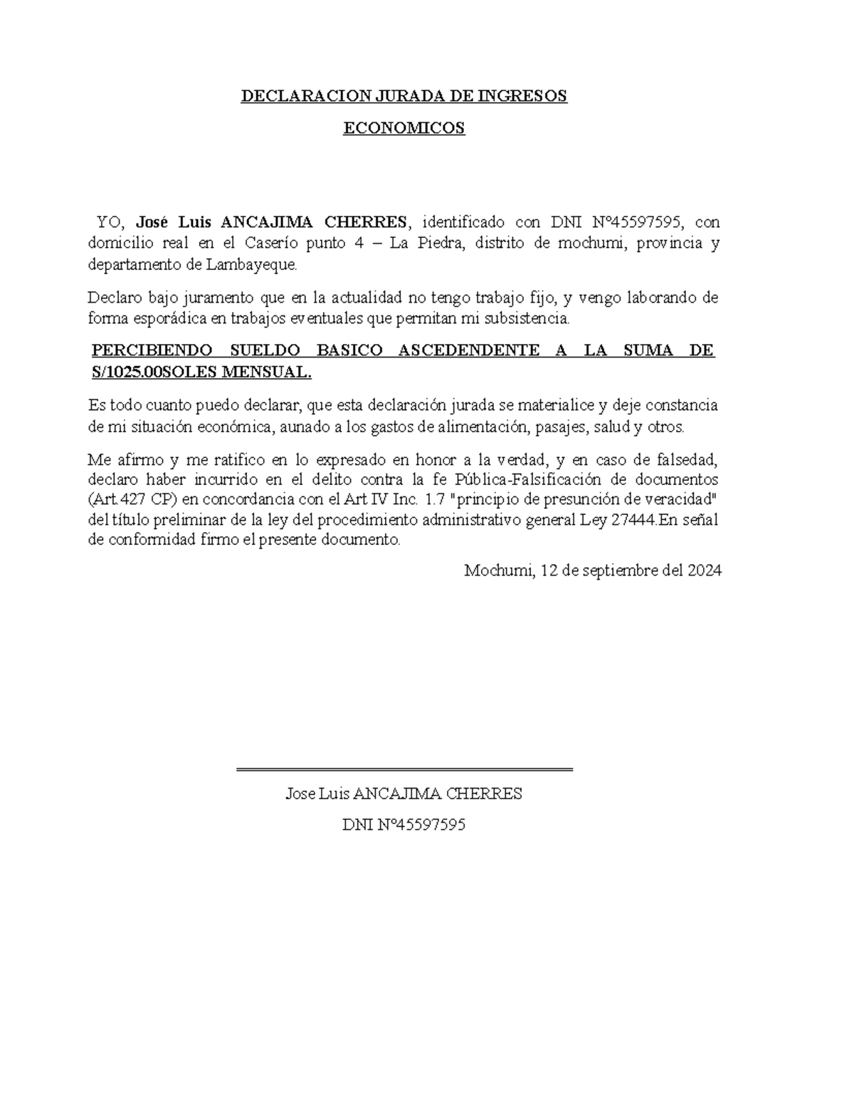 DJ Ingresos Economicos - DECLARACION JURADA DE INGRESOS ECONOMICOS YO ...