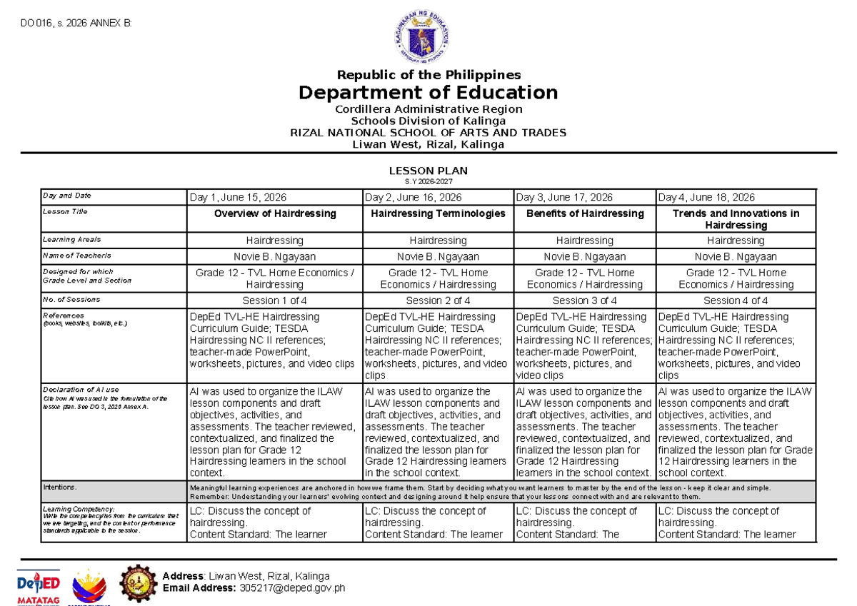 DO 016, s. 2026: Grade 12 Hairdressing Lesson Plan Overview - Studocu