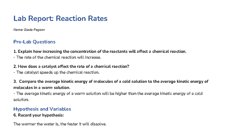 Lab Report: 6.05 Physical Science - Reaction Rates Analysis - Studocu