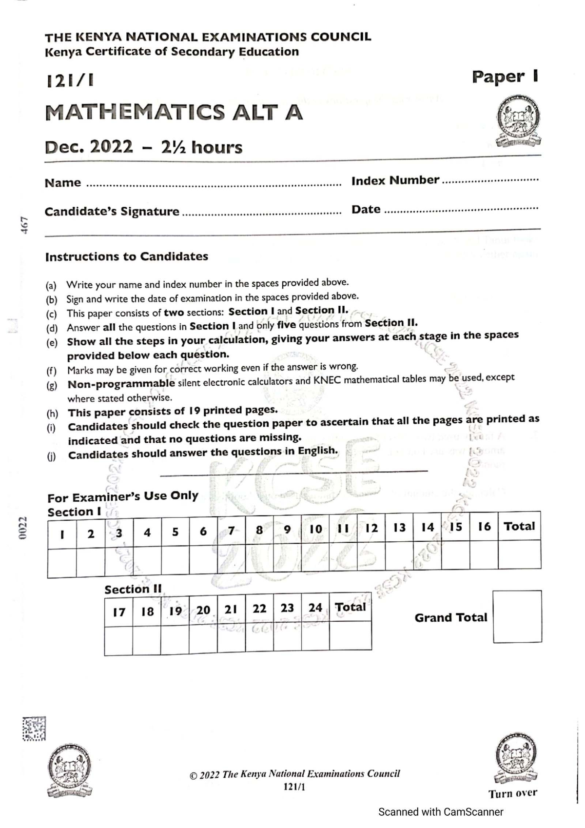 Mathematics P1 - K.C.S.E. Sample Exam Paper Dec. 2022 - Studocu