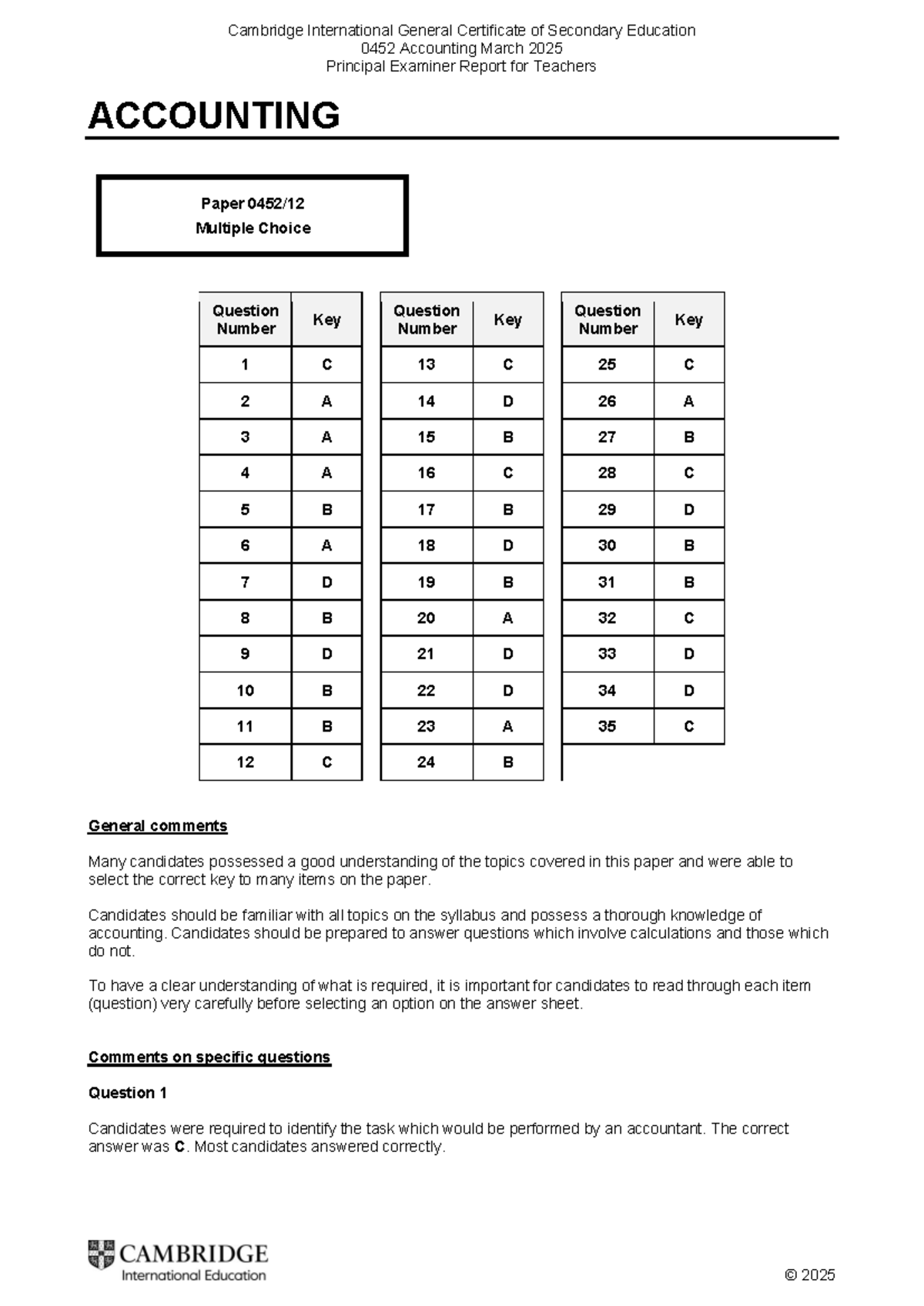 Cambridge International 0452 Accounting March 2025 Principal Examiner ...