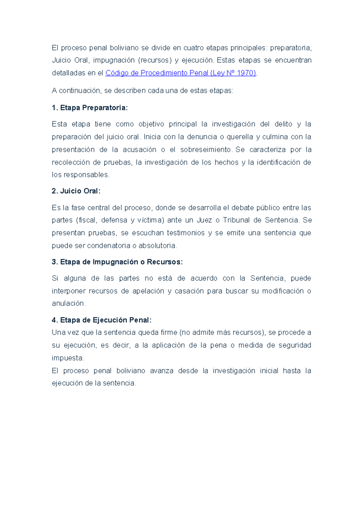 Etapas del Proceso Penal en Bolivia: Análisis Detallado - Studocu