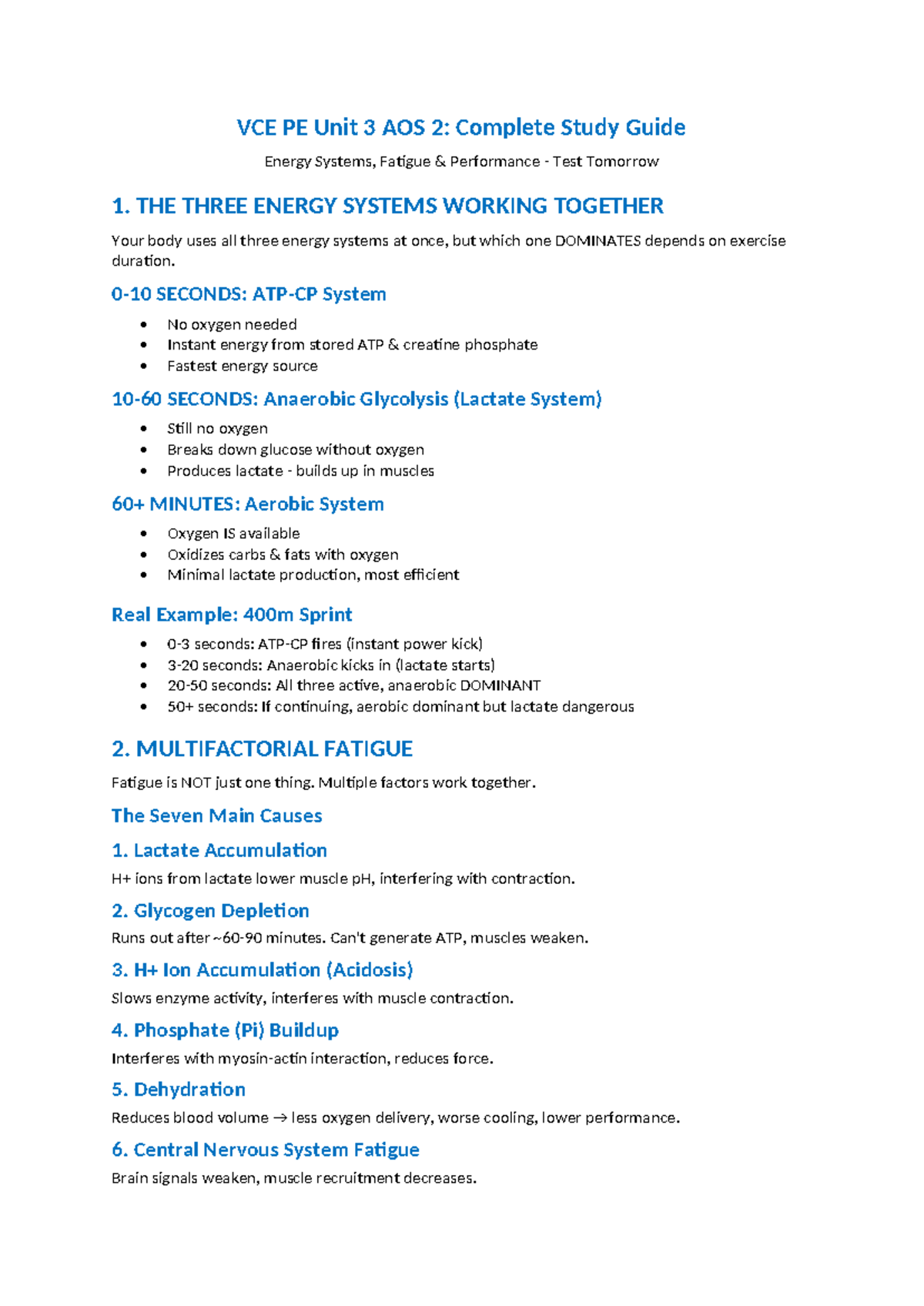 VCE PE Unit 3 AOS 2: Energy Systems & Fatigue Study Guide - Studocu