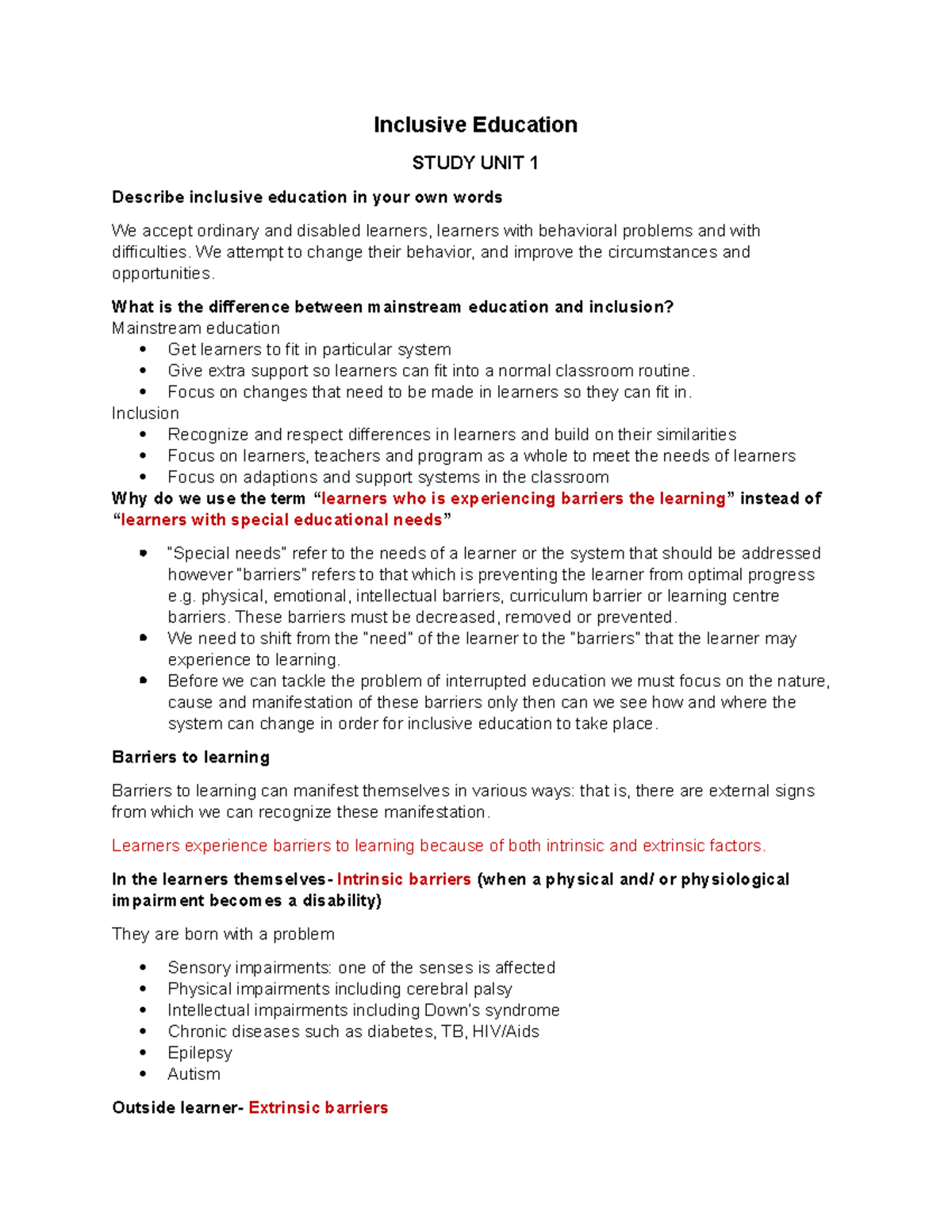 Inclusive Education Exam Study Notes: Understanding Barriers to ...