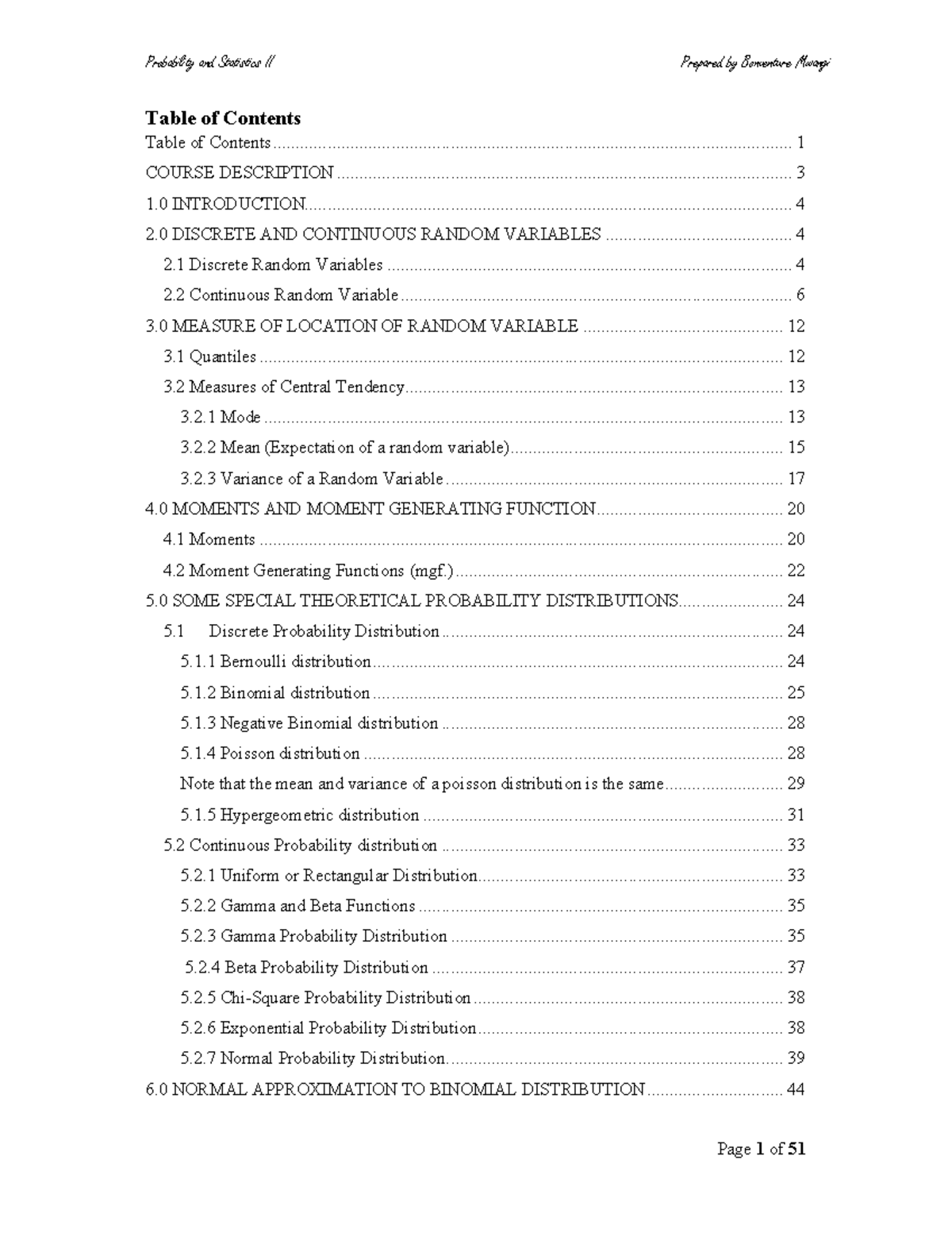STA 2200 - SPM 2240 - SPS 2240 Lecture Notes on Probability ...