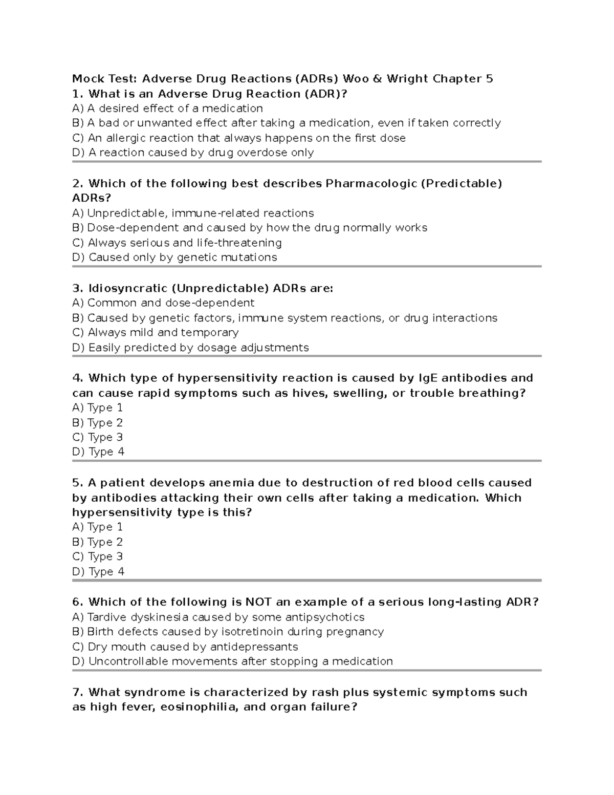 Mock Test: Adverse Drug Reactions (ADRs) - Woo Wright Chapter 5 - Studocu