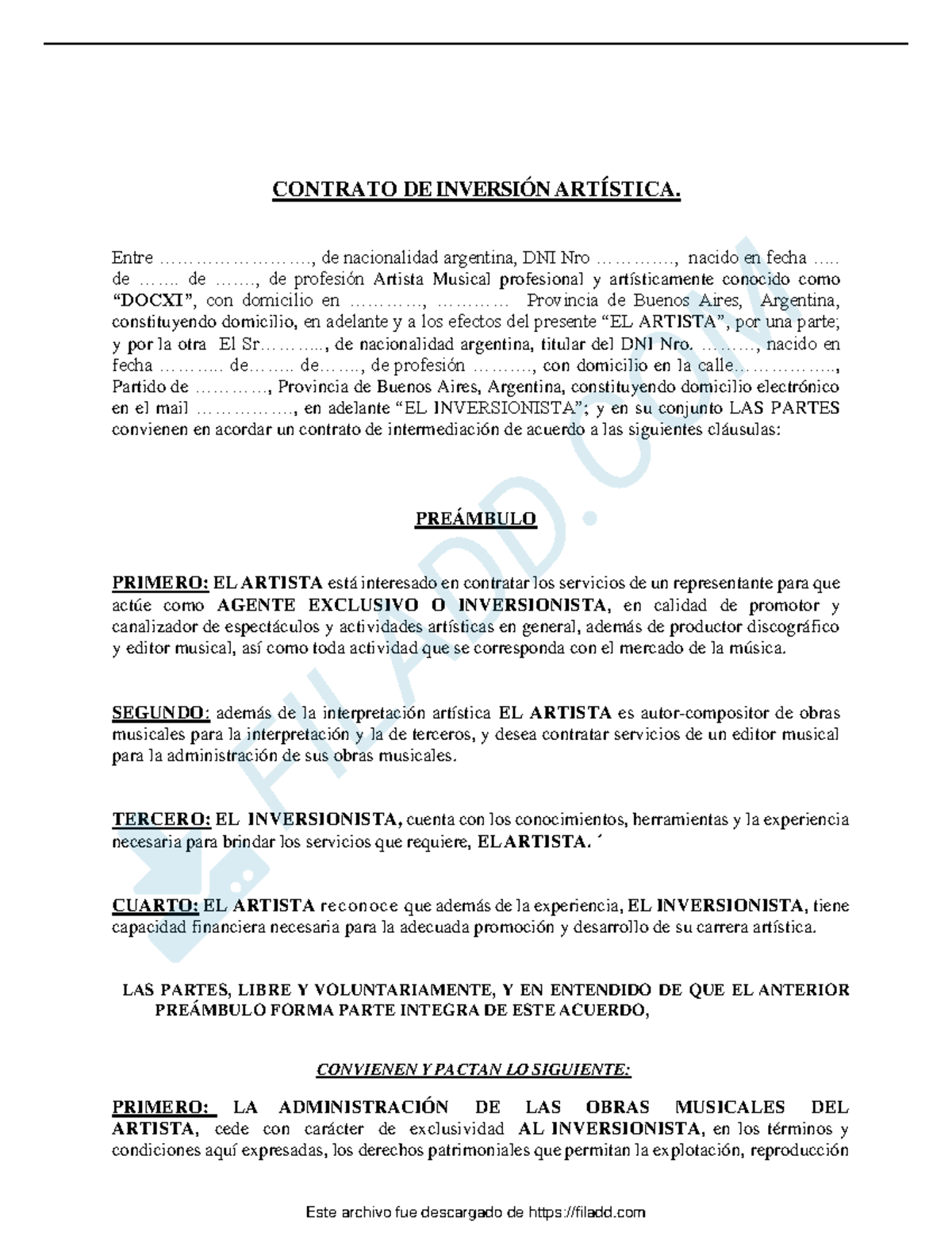 Contrato DE Inversion Musical 1 - CONTRATO DE INVERSIÓN ARTÍSTICA ...