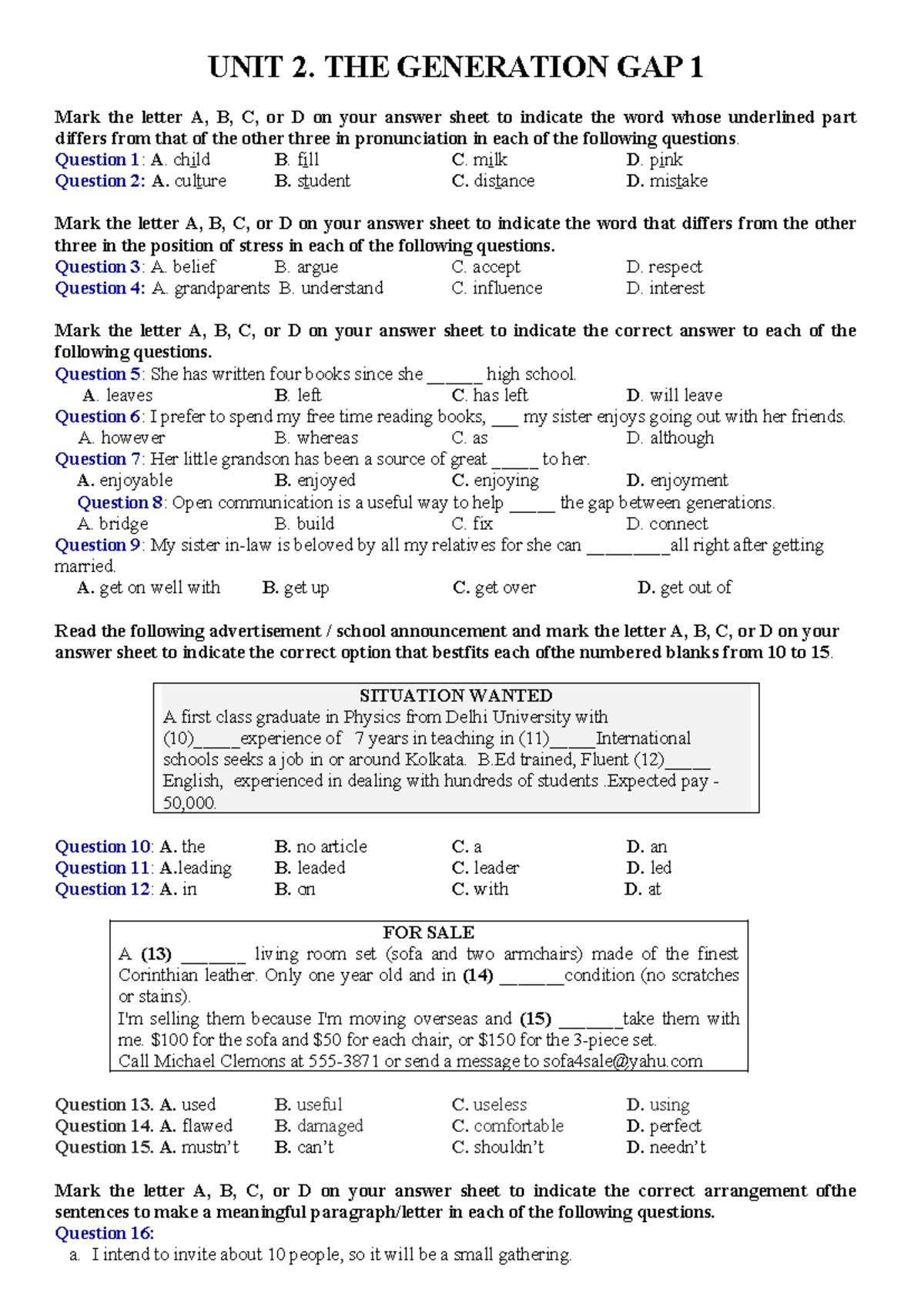 UNIT 2: THE GENERATION GAP - Practice Questions and Answers - Studocu
