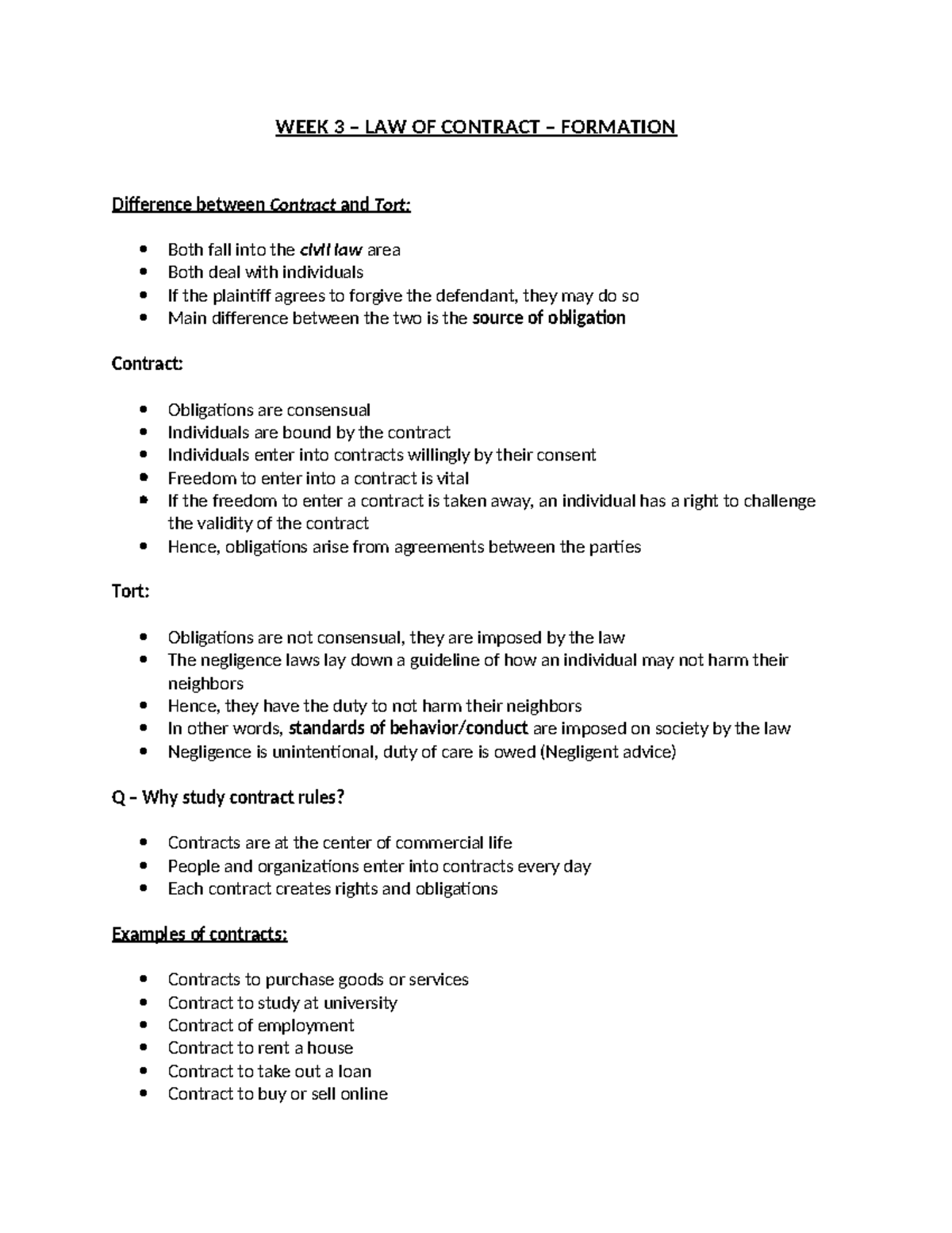 WEEK 3 – LAW OF CONTRACT FORMATION: Distinctions & Principles - Studocu