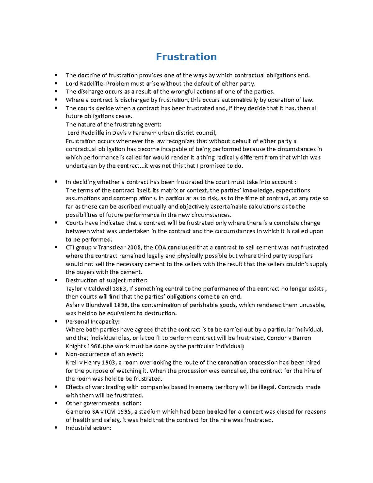 Frustration in Contract Law: Detailed Notes & Case Law Analysis - Studocu