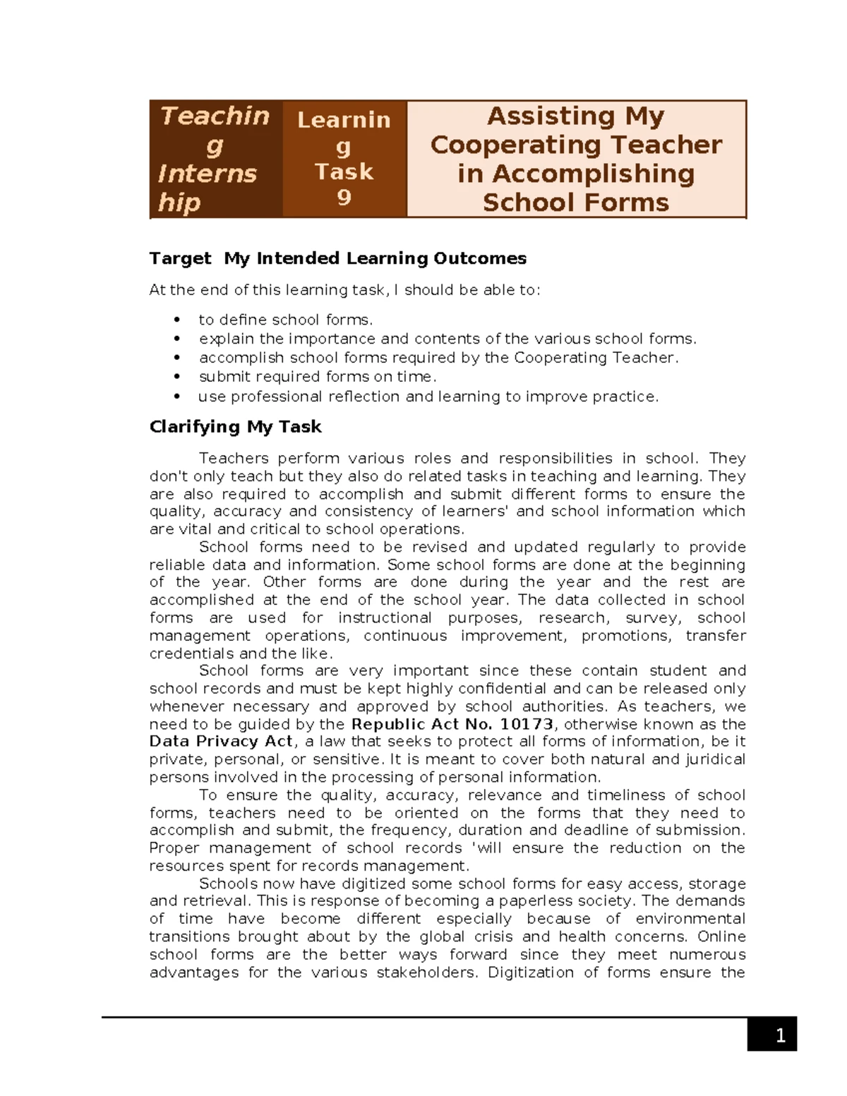 Teaching Internship: Learning Task 7 on Assessment Practices - Studocu