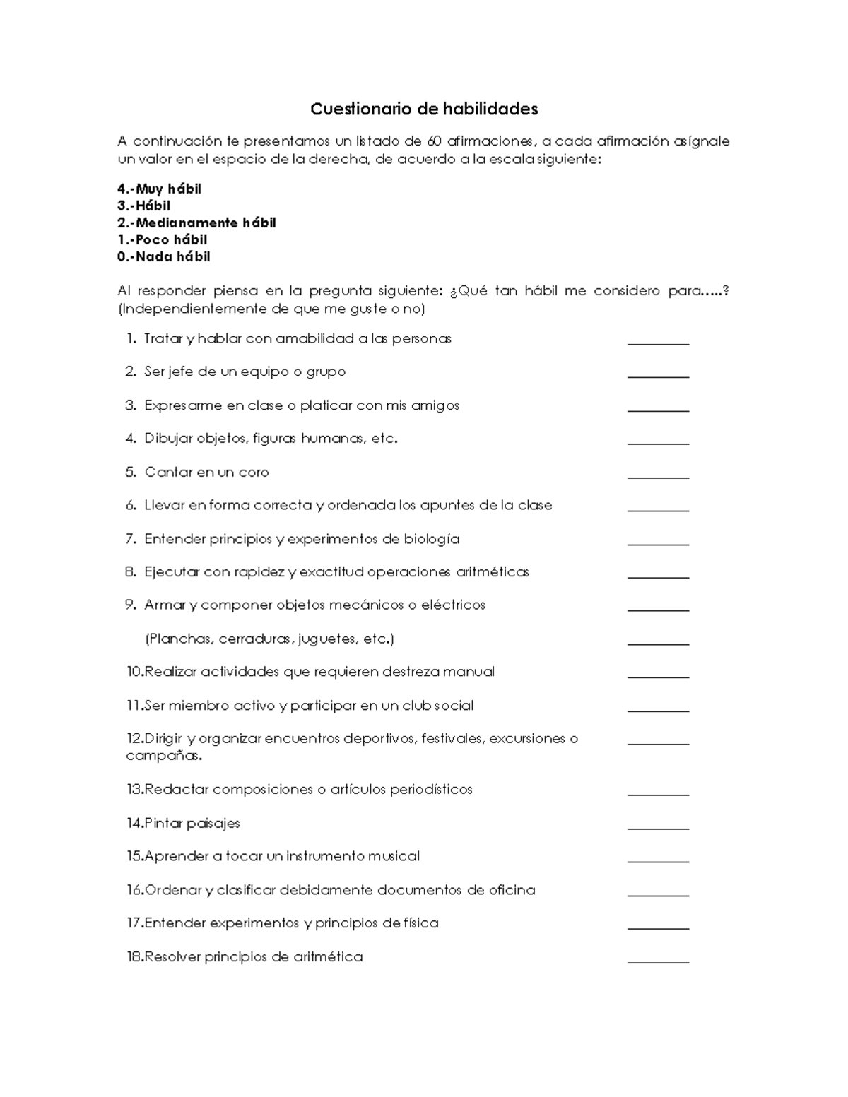 Cuestionario de habilidades muy h bil 3 h bil 2 medianamente h bil 1