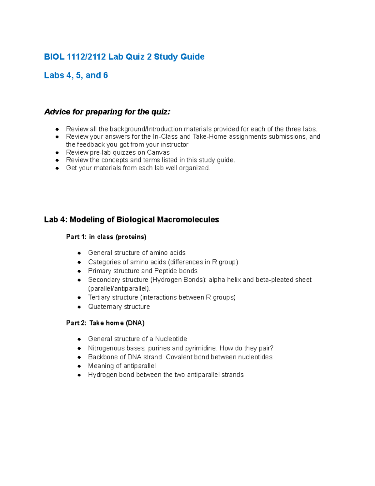 BIOL 1112/2112 Lab Quiz 2 Study Guide: Focus on Labs 4-6 Concepts - Studocu