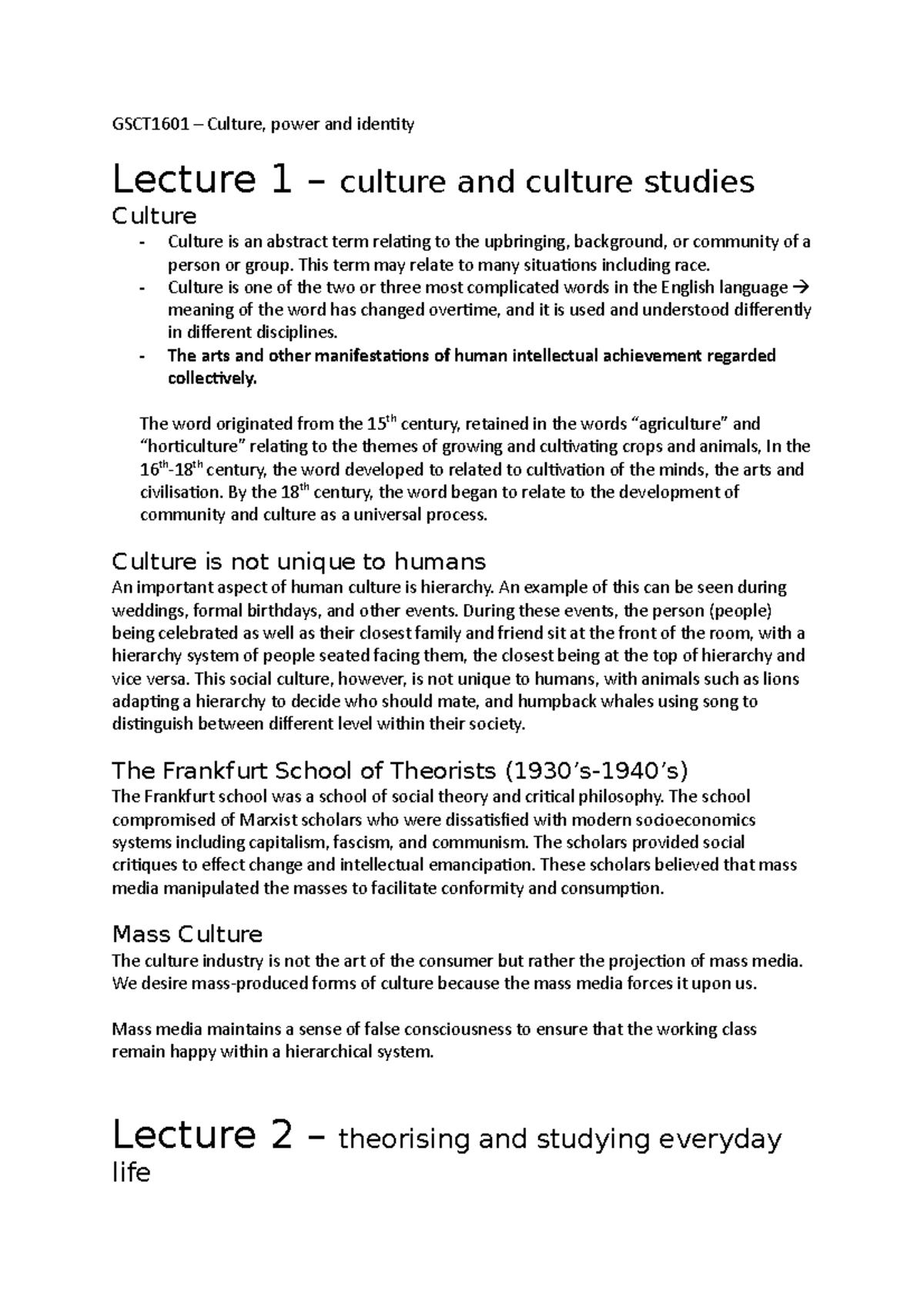 GSCT1601 - GCST - Lecture Notes on Culture, Identity, and Power - Studocu