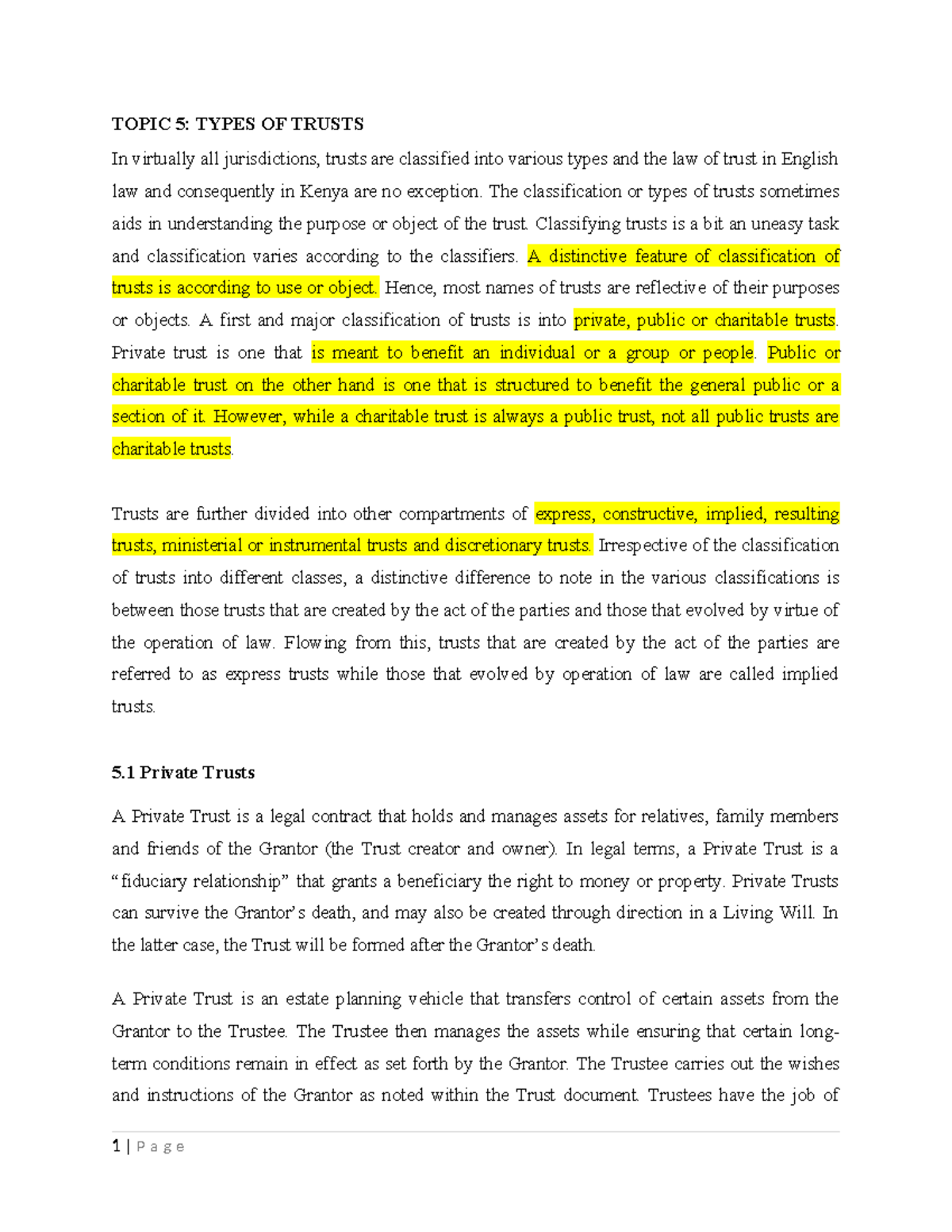 Topic 5: Types of Trusts - Lecture Notes on Trust Classifications - Studocu