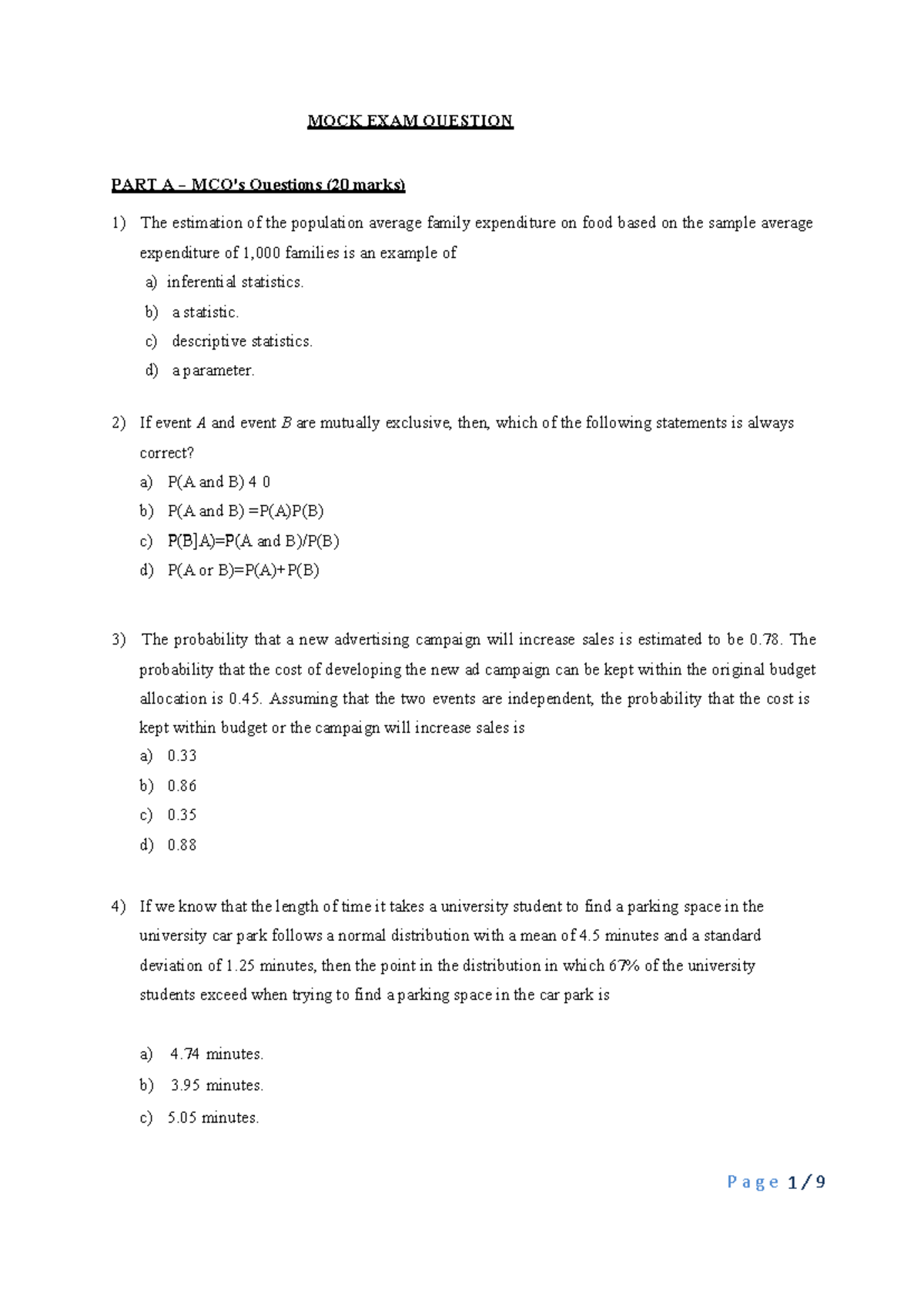 Mock Exam Questions - Mock exam - MOCK EXAM QUESTION PART A - MCQ's ...