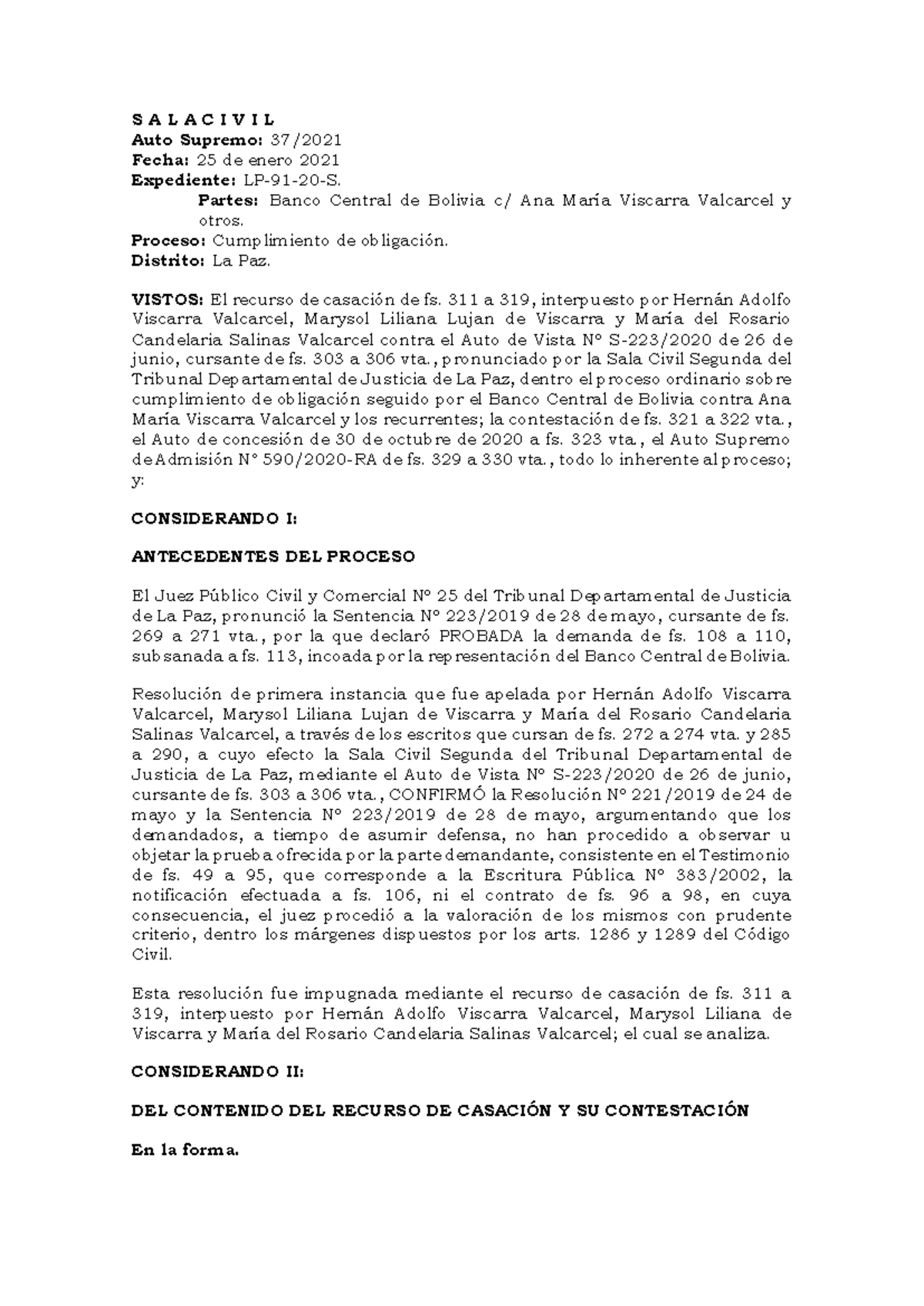 Auto Supremo N° 37/2021 - Casación en Proceso Civil BCB vs. Viscarra - Document Preview