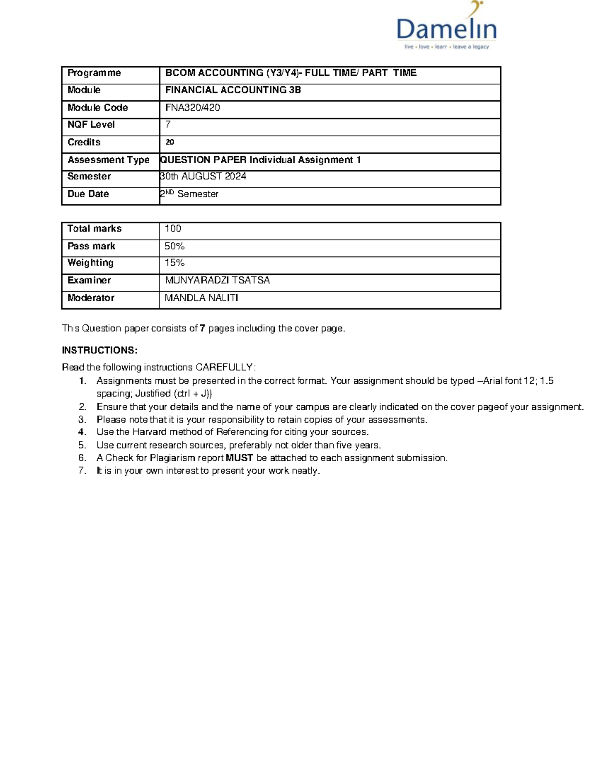 FNA320 Financial Accounting 3B - Assignment 1 Question Paper 2nd Sem ...