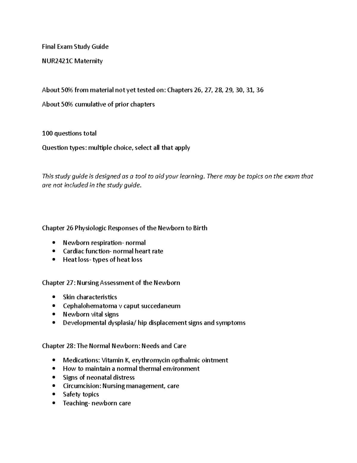 Final Exam Study Guide for NUR2421C Maternity: Key Topics and Concepts ...