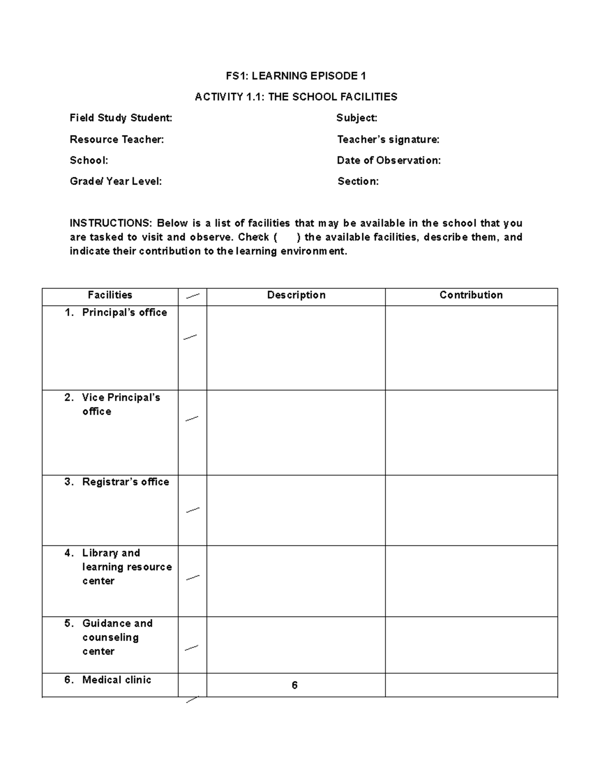 FS1: Learning Episode 1 Activity 1.1 - School Facilities Observation ...