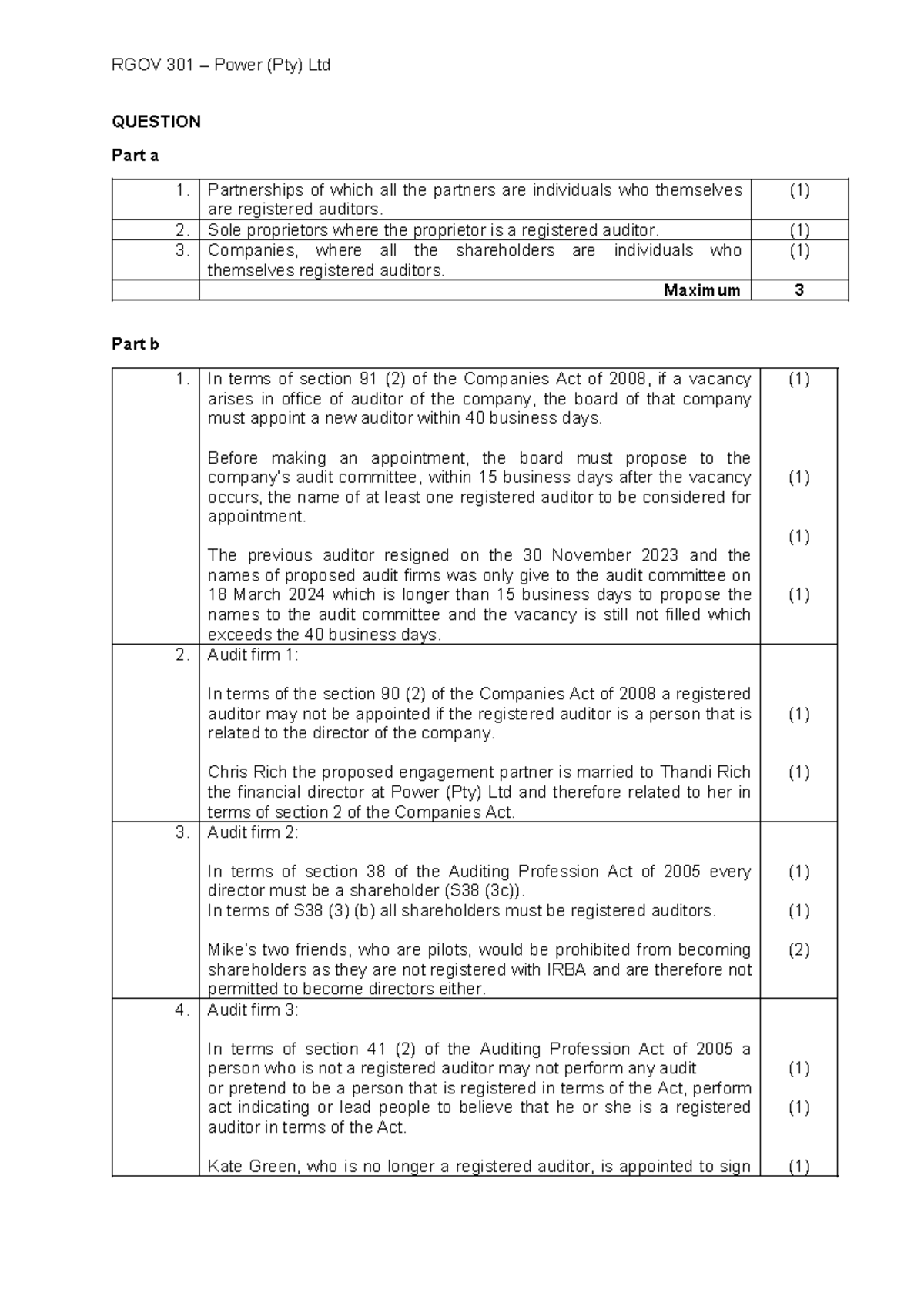 RGOV 301 Final Exam: Power (Pty) Ltd Audit Regulations Analysis - Studocu