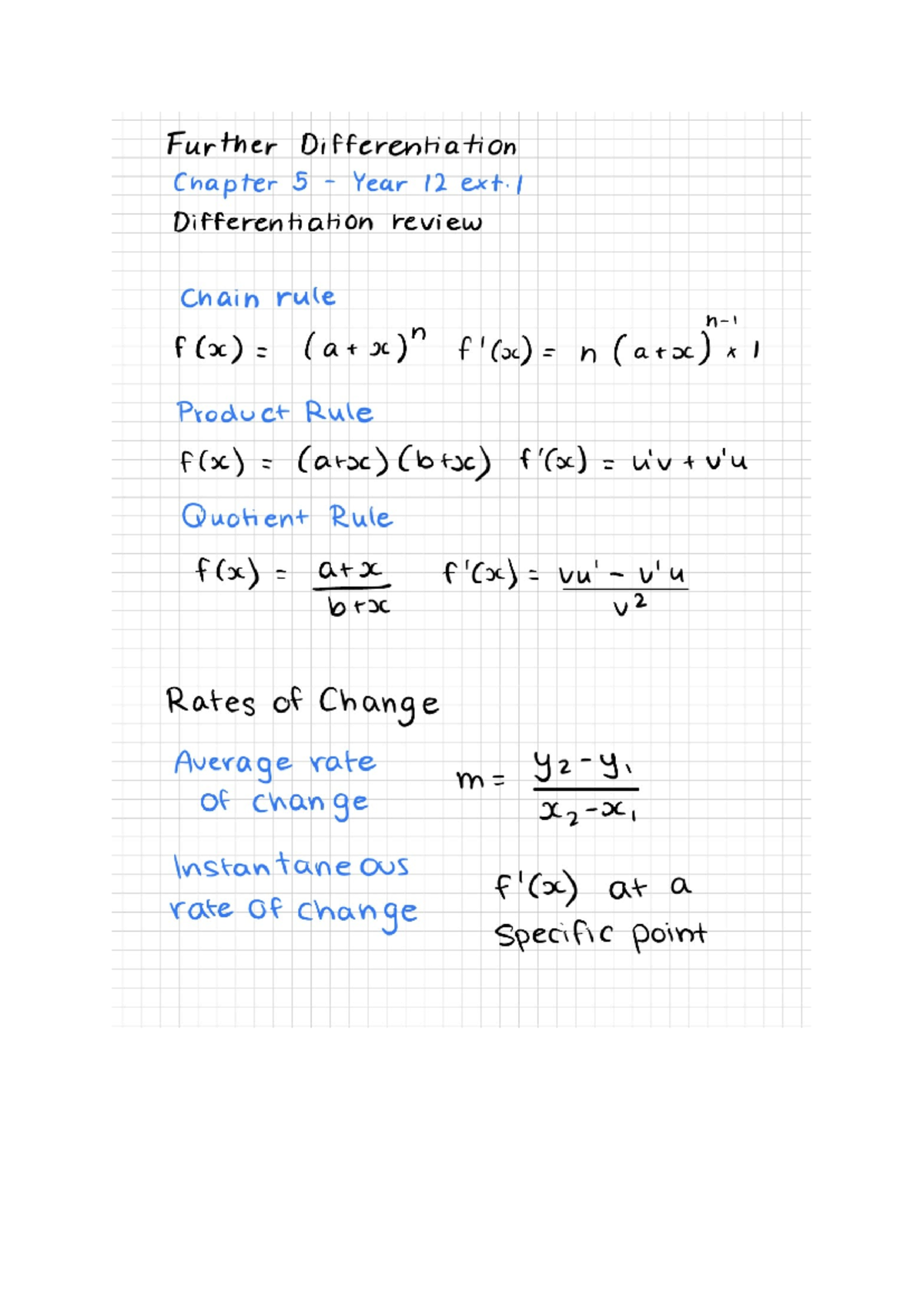 Year 12 Ext. 1 Maths: Chapter 5 Differentiation Review Notes - Studocu