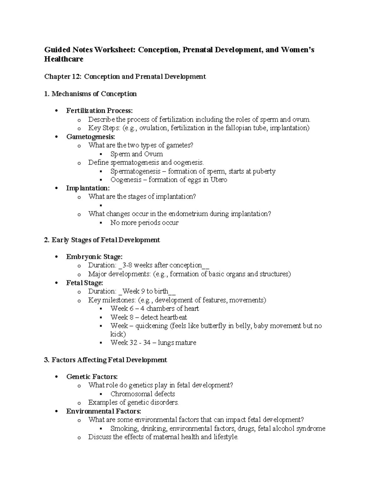 Guided Notes: Conception & Prenatal Development - NUR 463 - Studocu