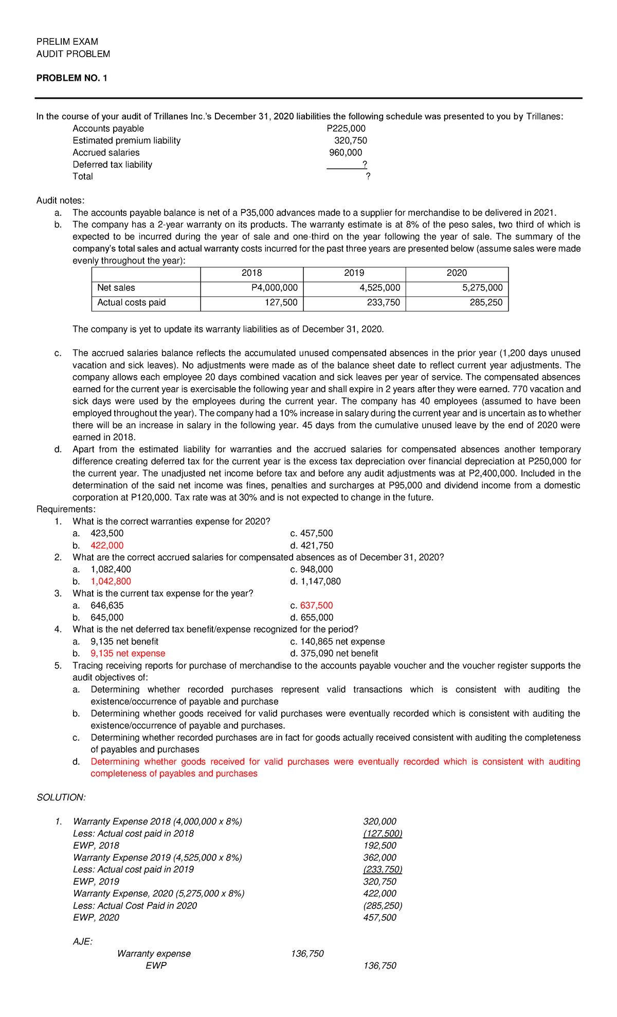 Prelim Exam Practice Questions for Audit Problems (ACCT 101) - Studocu