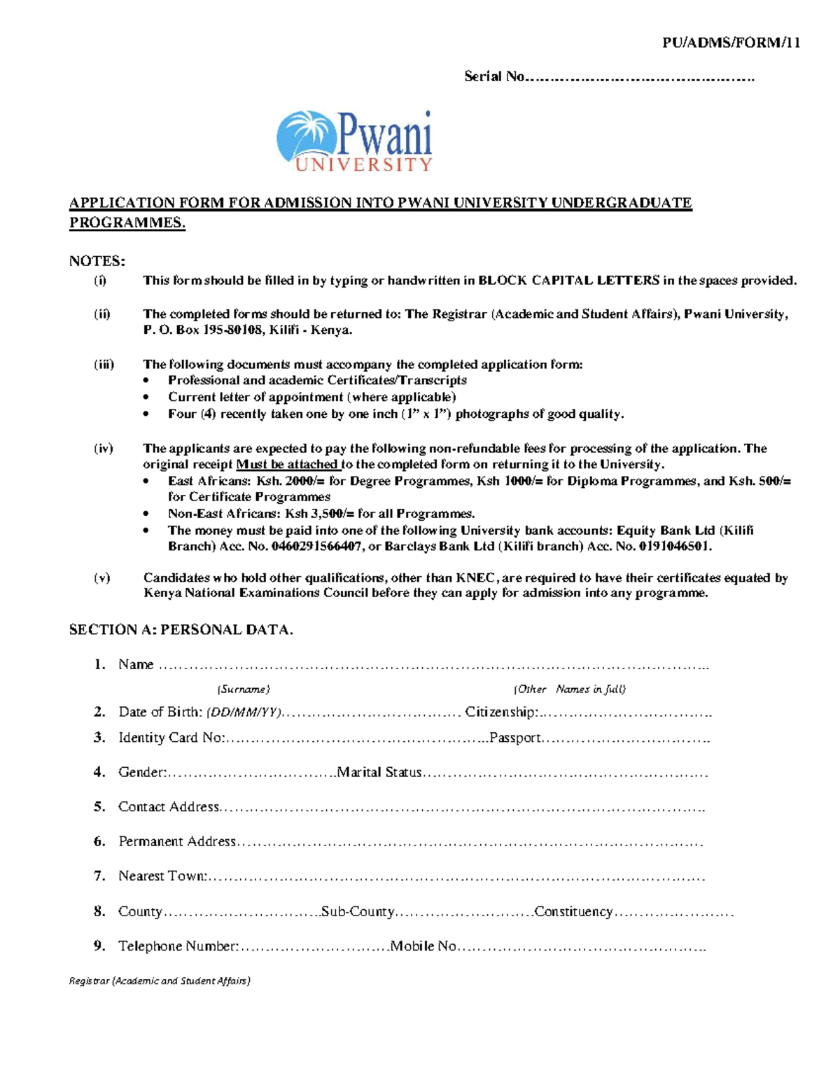 Revised Application Form for Undergraduate Admission at Pwani ...