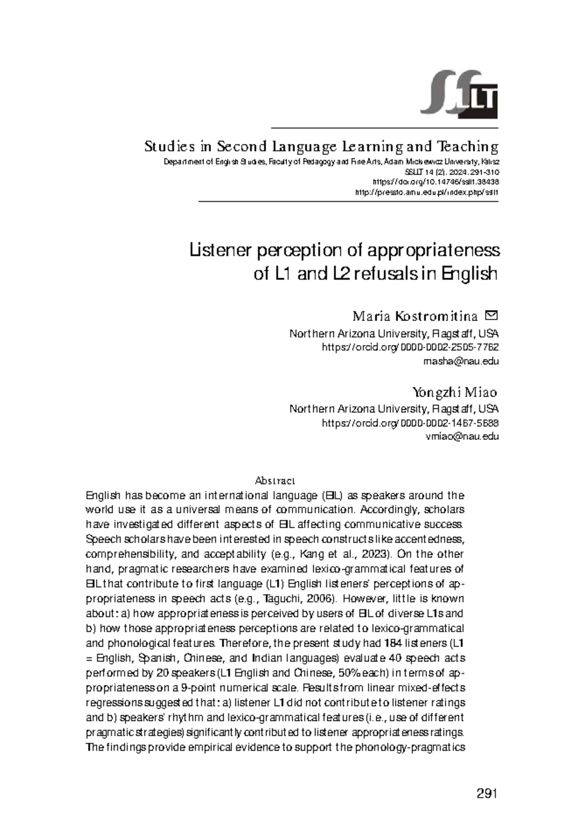 Listener Perception of L1 and L2 Refusals in English: SSLLT 14(2) - Studocu