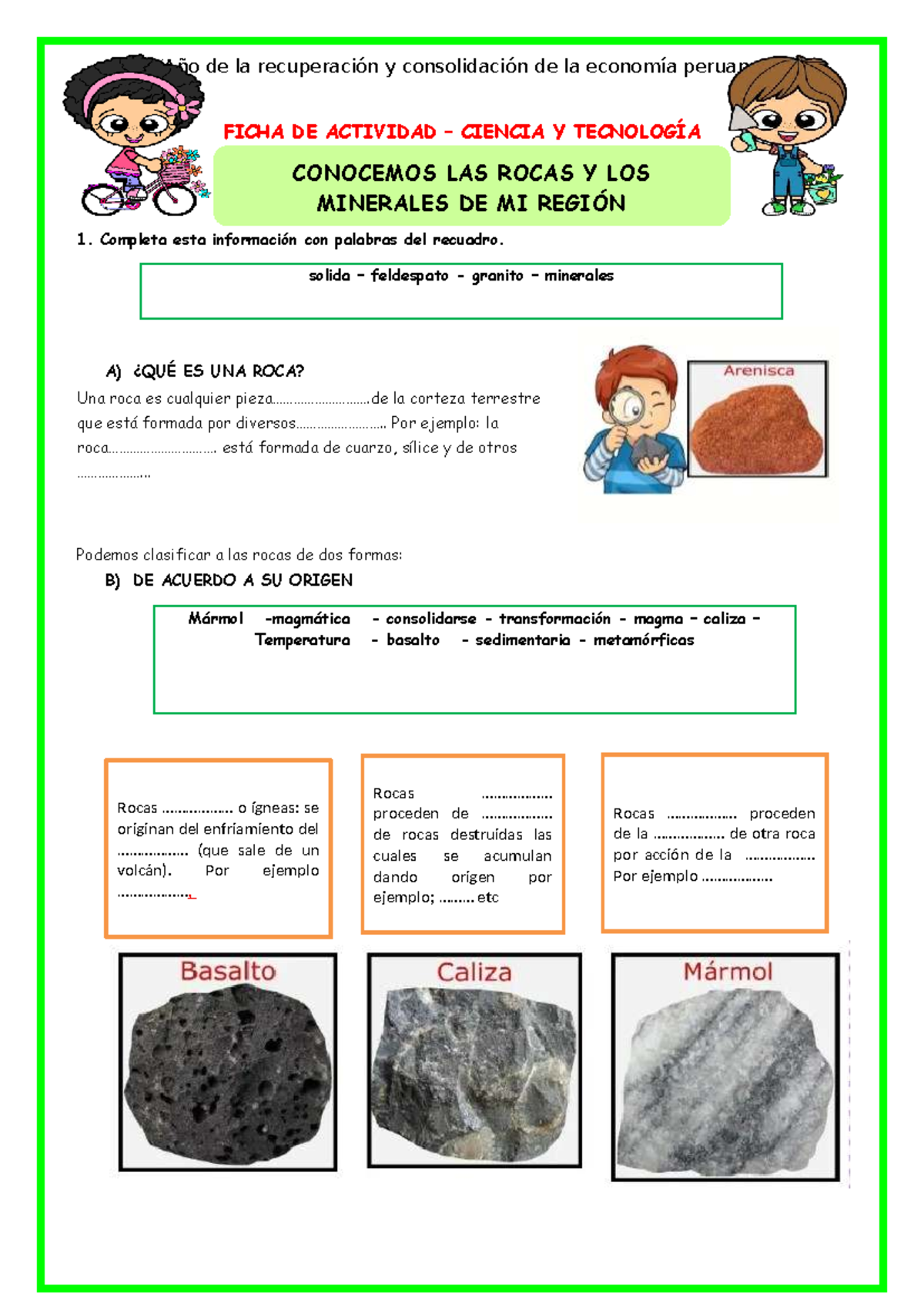 Ficha de Actividad MART-CYT: Conocemos las Rocas y Minerales de Mi ...