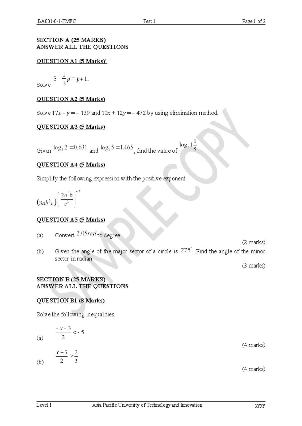 Sample Class Test 1 (Q) - Math Problems & Solutions - Studocu