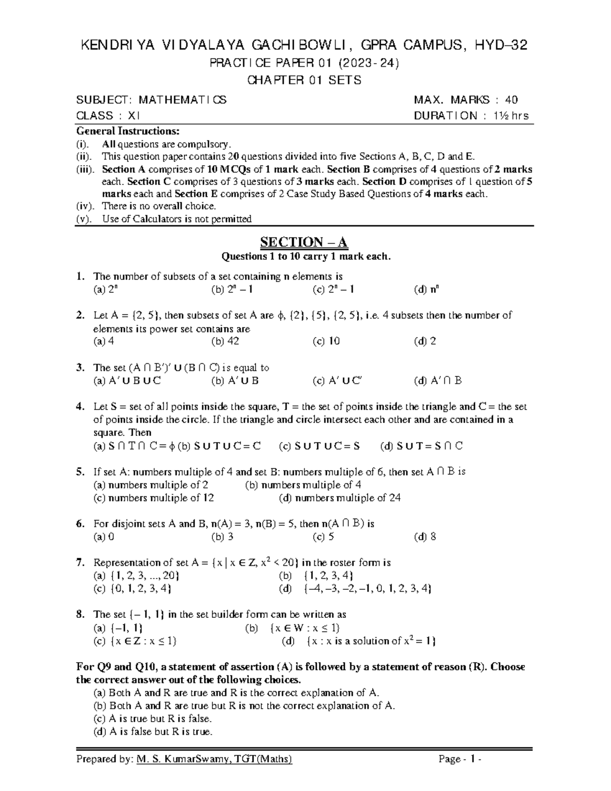 Maths Class XI Practice Paper 01: Chapter 01 - Sets - Studocu