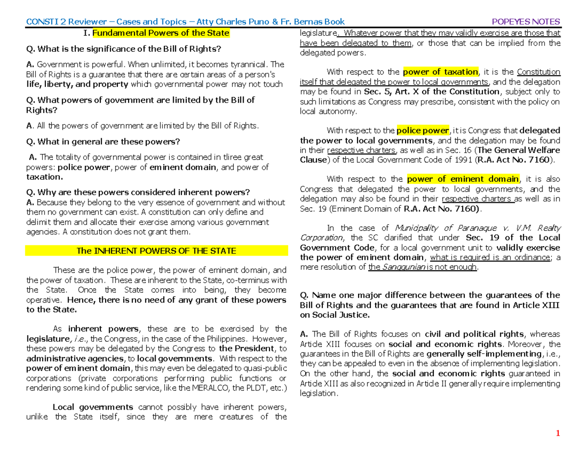 CONSTI 2 Final Exam Reviewer: Inherent Powers of the State and Bill of ...