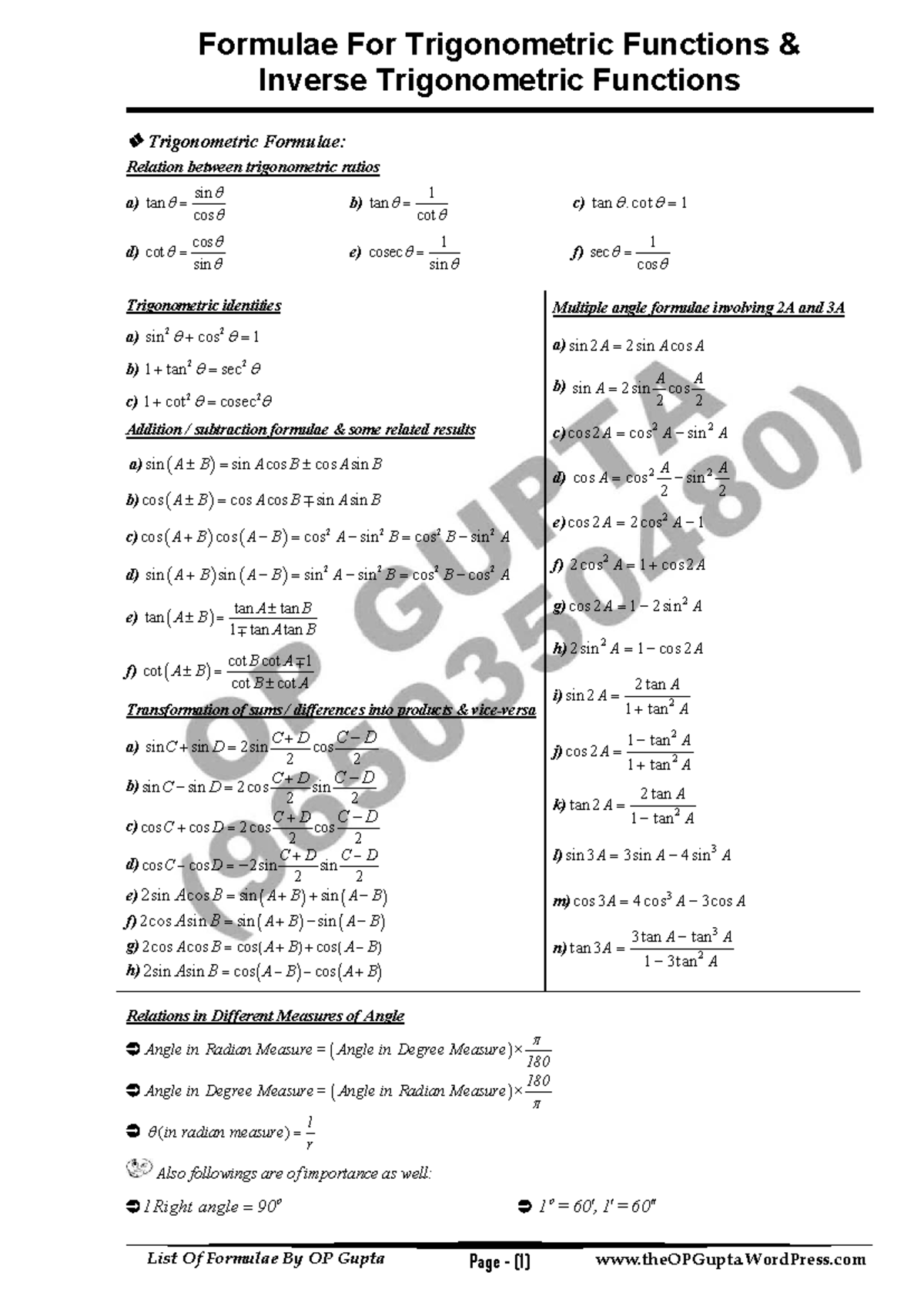 Formulae for Trigonometric & Inverse Functions - Class XII - Studocu