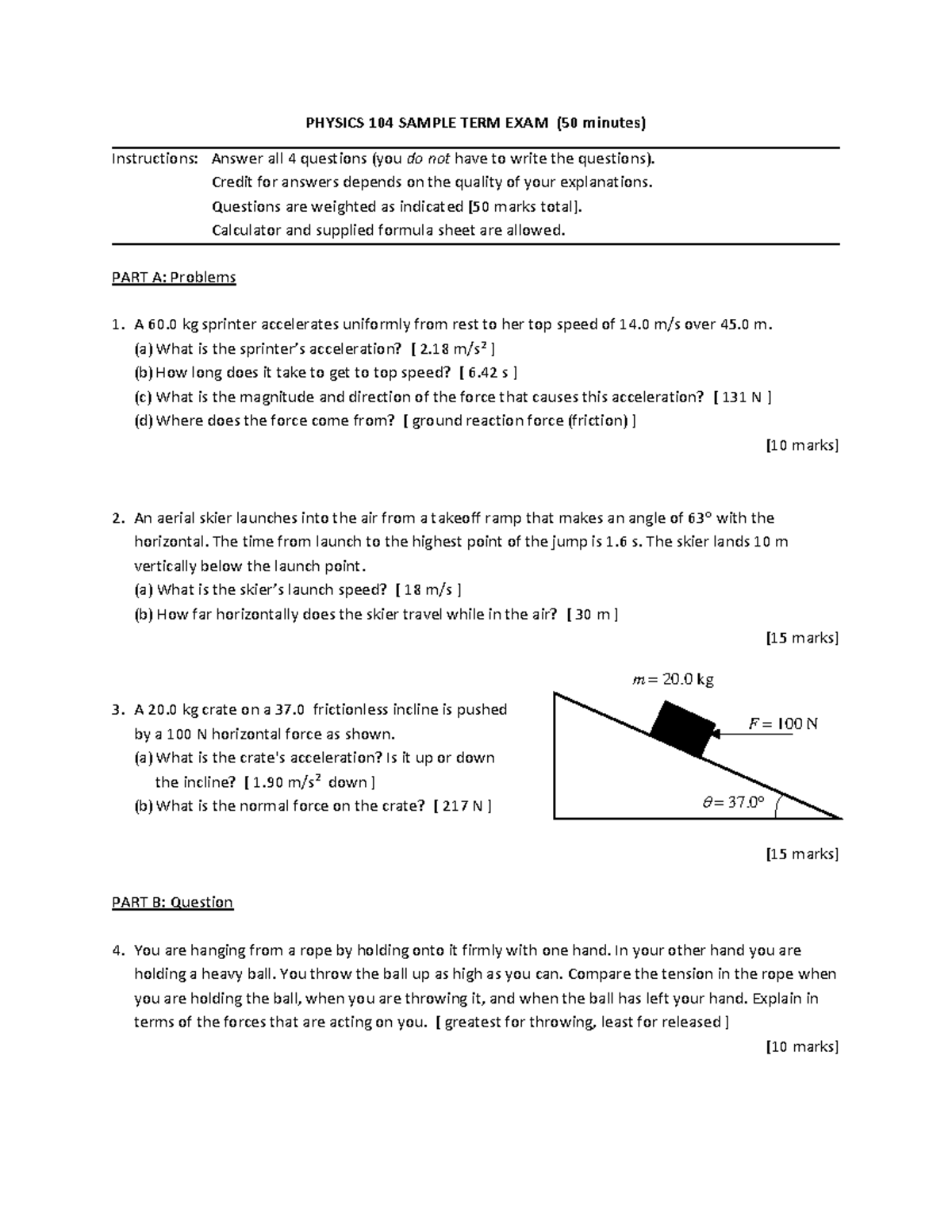 Sample Term 1 - Midterm practice - PHYSICS 104 SAMPLE TERM EXAM (50 ...